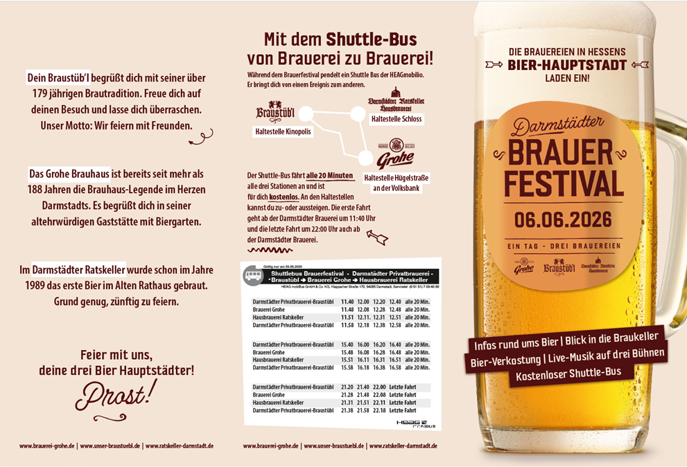 Flyer für das Darmstädter Brauerfestival am 6. Juni 2026 mit großem Bierglas rechts, Veranstaltungsdetails, Shuttle-Bus-Informationen und Texten zu den teilnehmenden Brauereien auf beigem Hintergrund.