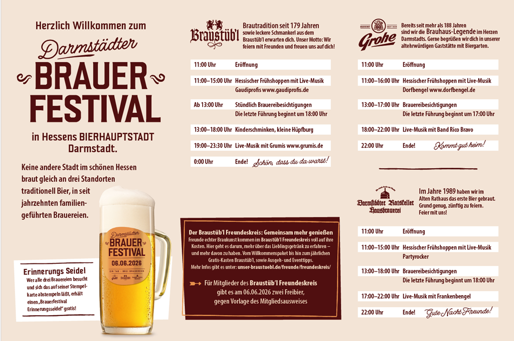 Plakat für das Darmstädter Brauer Festival 2026 mit großem Bierkrug und Informationen zum Programm der drei Brauereien (Braustübl, Grohe, Ratskeller), Uhrzeiten für Führungen, Live-Musik und Kinderprogramm sowie Hinweise zum Erinnerungsseidel und Braustübl Freundeskreis.