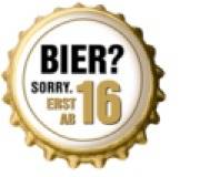 Runder goldener Kronkorken mit der Aufschrift „Bier? Sorry. Erst ab 16“.