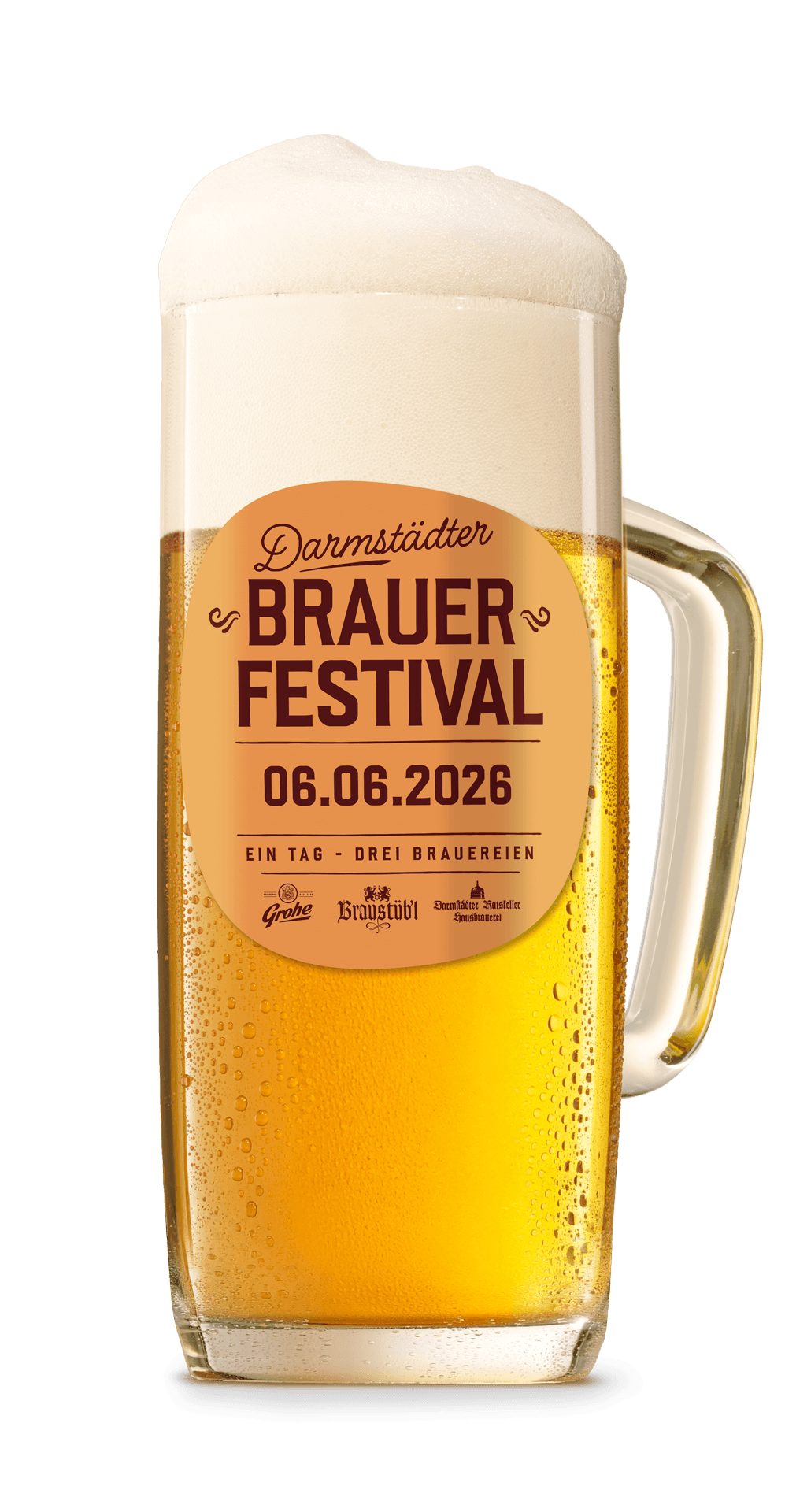 Ein großes Bierglas mit Schaumkrone, darauf ein Etikett mit der Aufschrift: 