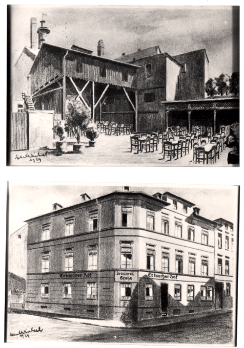 Zwei schwarz-weiße Zeichnungen historischer Gebäude: Oben ein Fachwerkhaus mit außen stehenden Tischen und Stühlen, darunter ein großes Eckgebäude mit der Aufschrift „Erbacher Hof“ und „Brauerei Grote“.