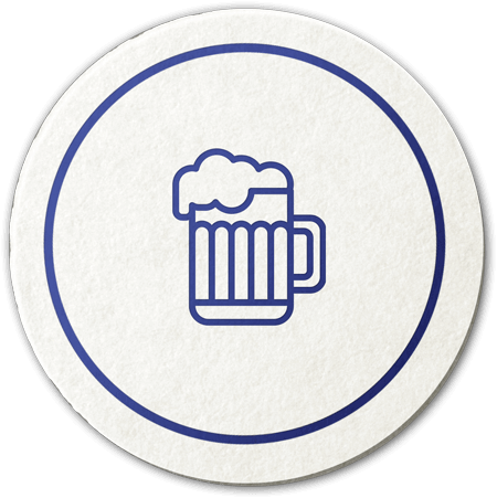 Runder Bierdeckel mit einer einfachen blauen Zeichnung eines Bierkrugs mit Schaum, umgeben von einem blauen Kreis.