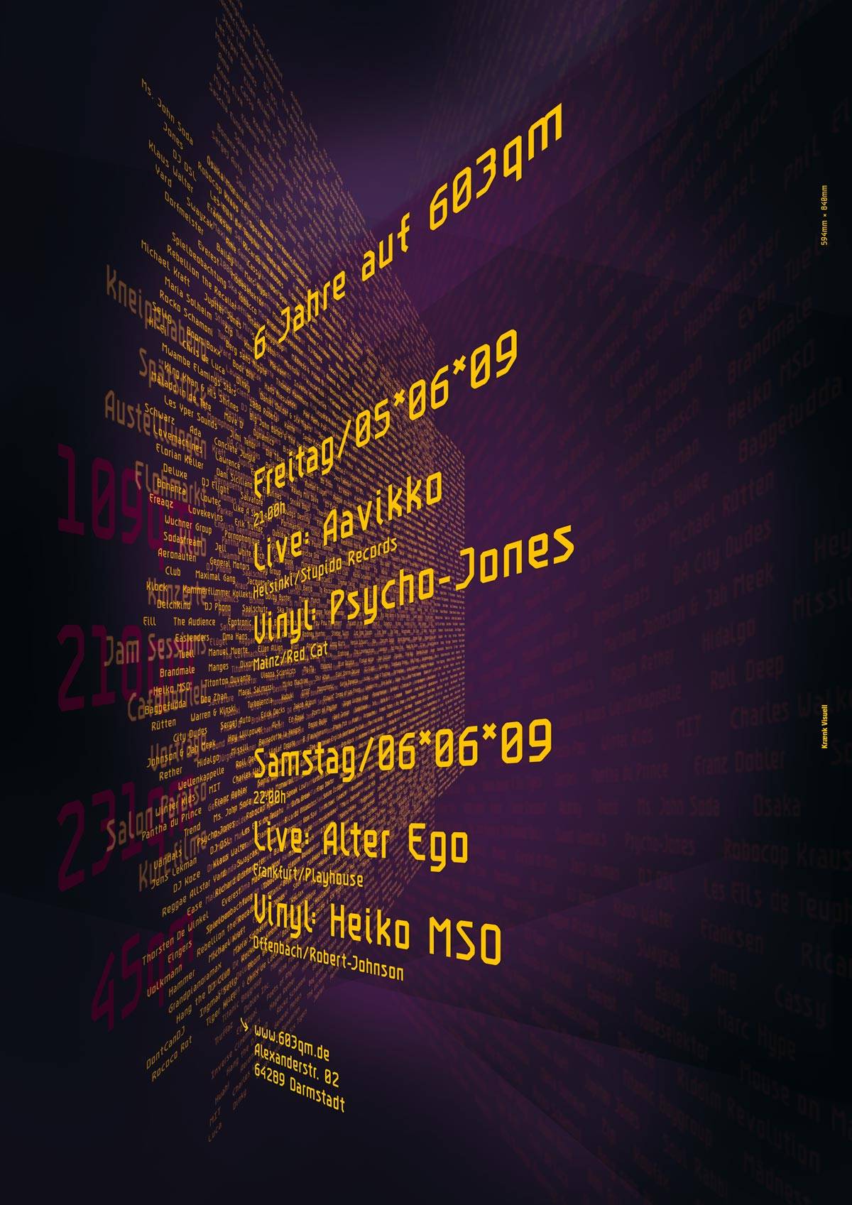 Gelbes und pinkes Typografie-Poster auf dunklem Hintergrund mit Daten und Künstlernamen für das 6-jährige Jubiläum des Clubs 603qm in Darmstadt.