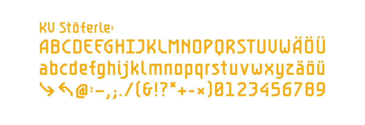 Gelbe Schriftprobe der Schriftart „KV Stöferle“ mit Groß- und Kleinbuchstaben, Umlauten, Satzzeichen, Sonderzeichen und Zahlen auf weißem Hintergrund.