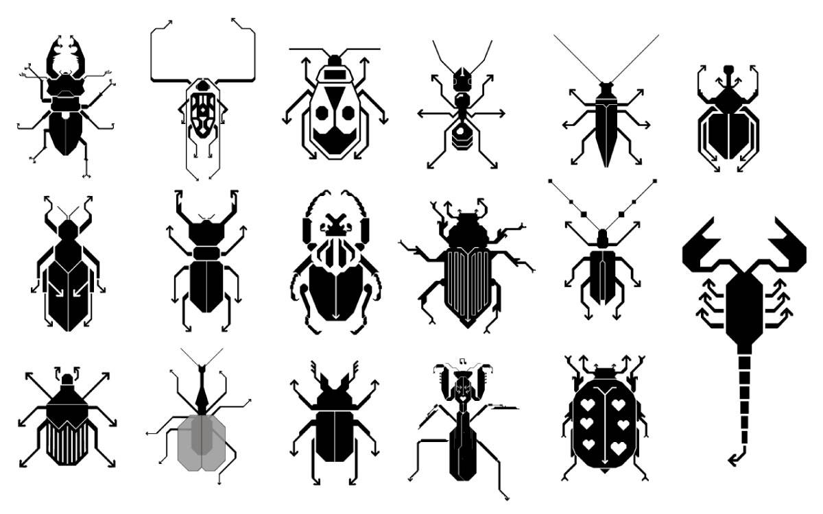 Grafische Darstellung von sechzehn stilisierten Insekten und einem Skorpion in Schwarz-Weiß, jeweils mit geometrischen Formen und Pfeilen.