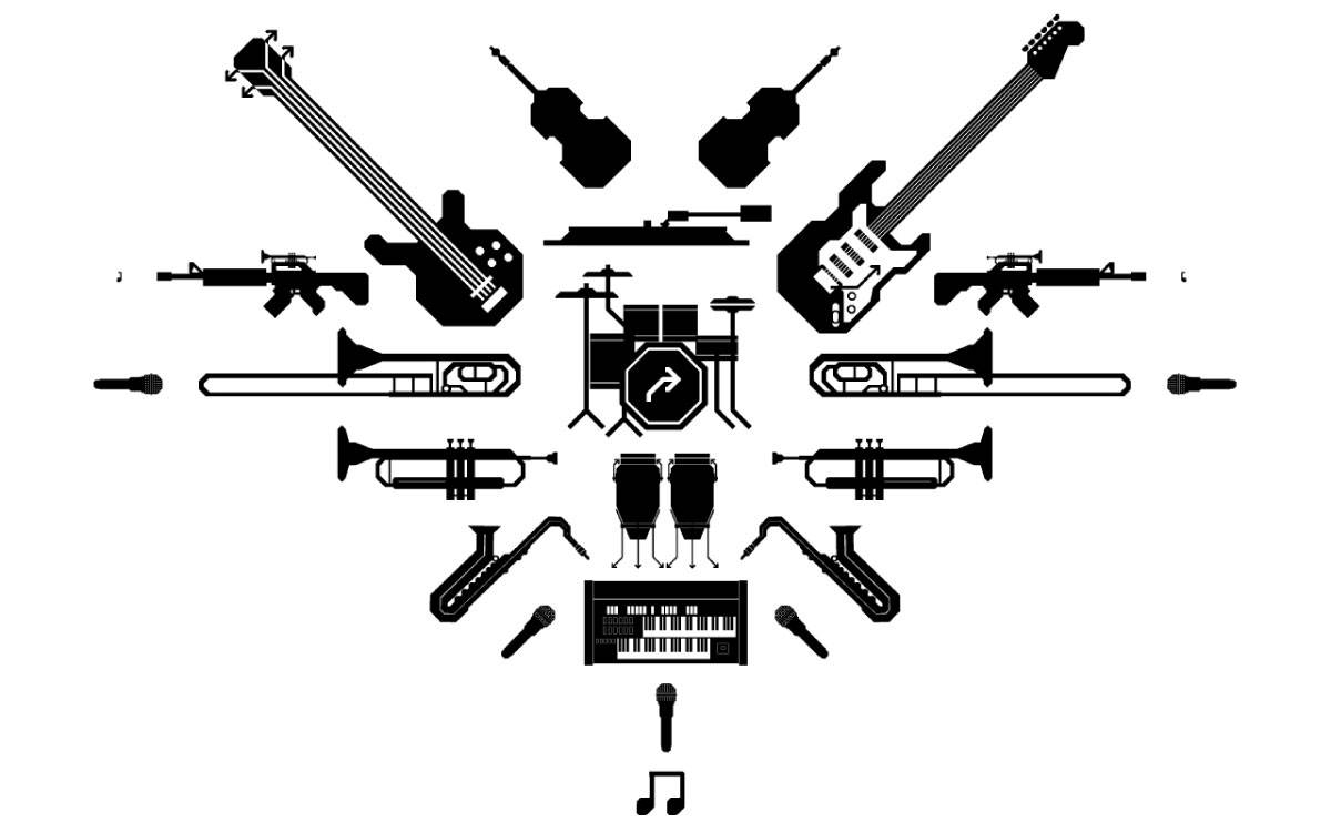 Schwarz-weiße Illustration verschiedener Musikinstrumente, Waffen und Mikrofone, symmetrisch angeordnet um ein Schlagzeug in der Mitte.