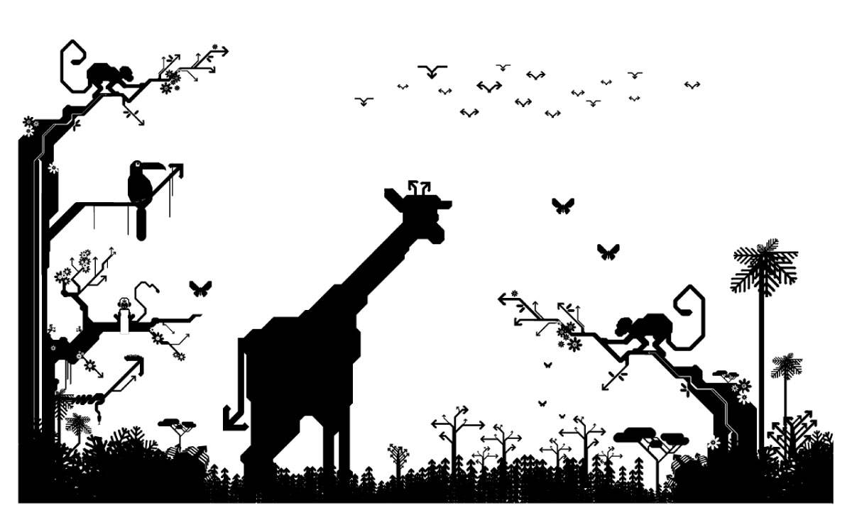 Schwarze Silhouetten von Tieren wie Giraffe, Affen und Vogel in einer stilisierten Dschungellandschaft mit Bäumen, Pflanzen, Schmetterlingen und fliegenden Vögeln.