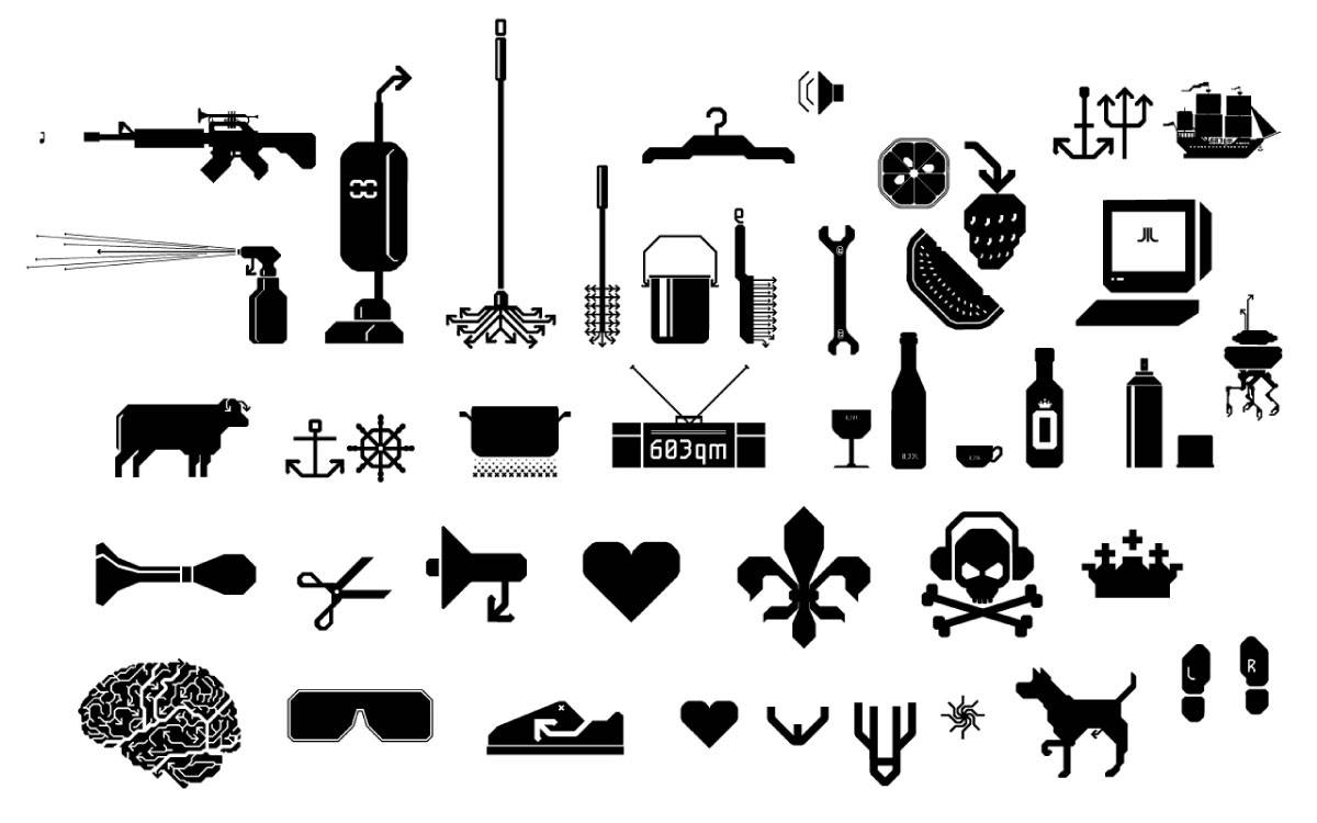 Verschiedene schwarze Piktogramme auf weißem Hintergrund, darunter Waffen, Haushaltsgeräte, Lebensmittel, Tiere, Werkzeuge, Symbole wie Herz, Gehirn, Krone, sowie Alltagsgegenstände wie Computer, Brille, Schuh und Hund.