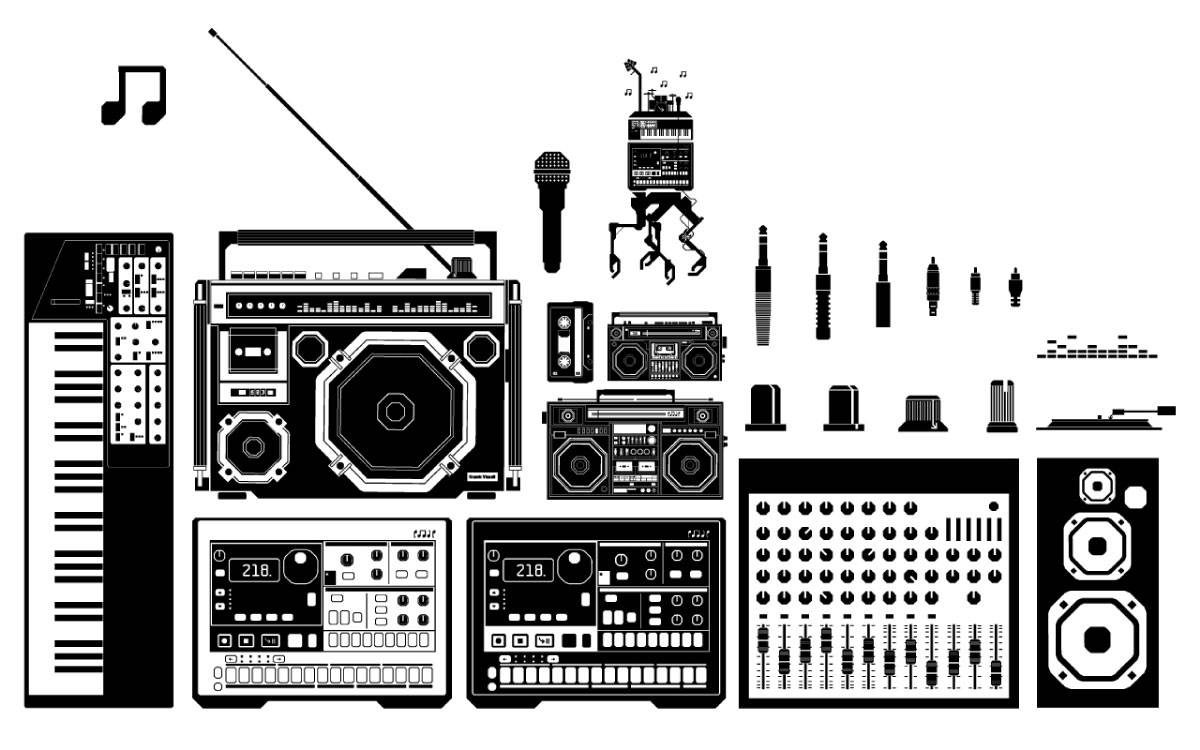Schwarz-weiße Illustration verschiedener Musikinstrumente und Audiogeräte, darunter Keyboard, Mikrofon, Kassettenrekorder, Mischpult, Lautsprecher, Kabel, Drehknöpfe und Musiknoten.