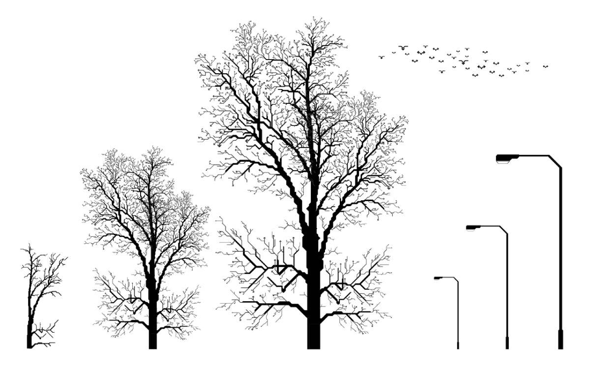 Vier unterschiedlich große, blattlose Bäume und vier verschieden hohe Straßenlaternen stehen nebeneinander, darüber ein Schwarm Vögel am Himmel.
