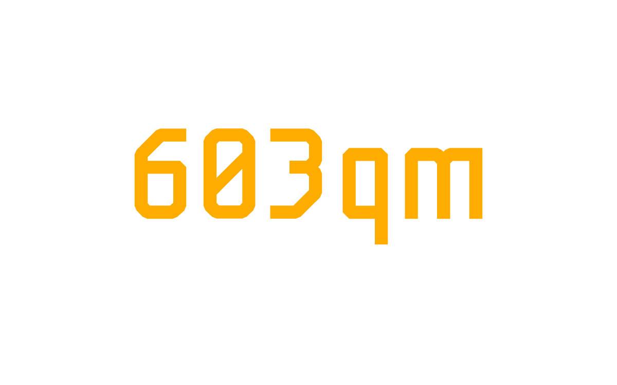 Gelbe, eckige Schrift auf weißem Hintergrund mit dem Text „603qm“.