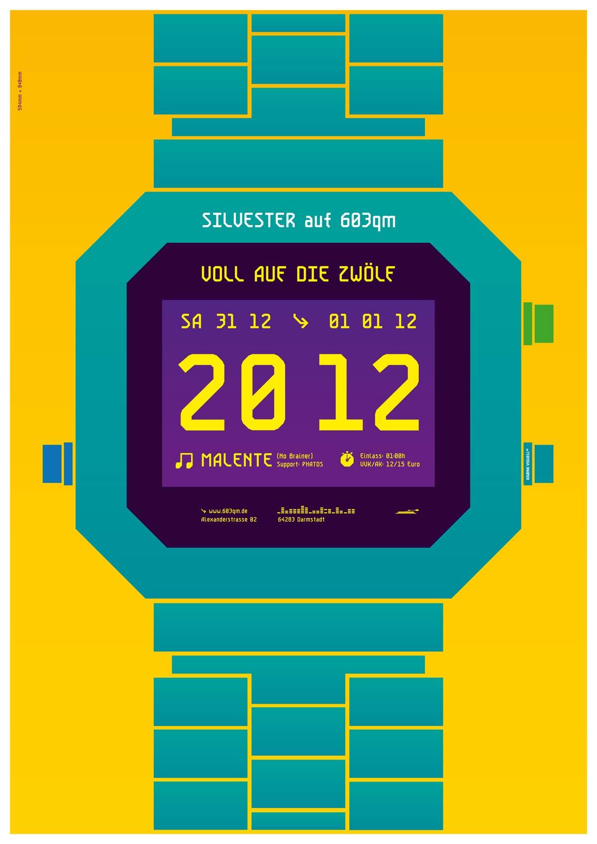 Grafik eines stilisierten, bunten Digitalarmbanduhrs, auf deren Display eine Ankündigung für eine Silvesterparty 2012 im 603qm in Darmstadt steht.