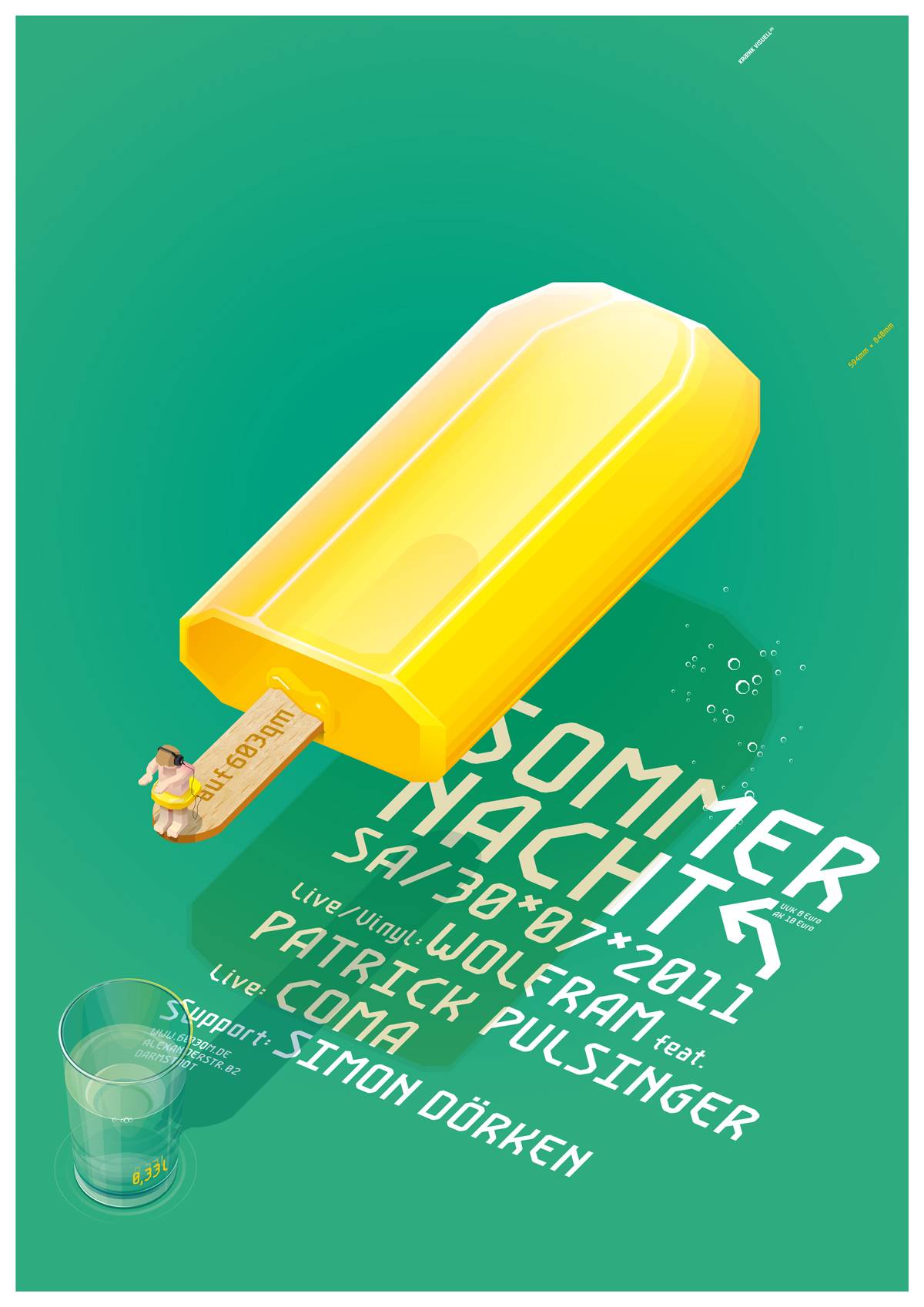 Illustration eines gelben Eises auf grünem Hintergrund, mit einer kleinen Figur auf dem Eisstiel und Textinformationen zu einer Veranstaltung namens "Sommernacht" am 30.07.2011, inklusive Künstlernamen und einem Glas Wasser unten links.