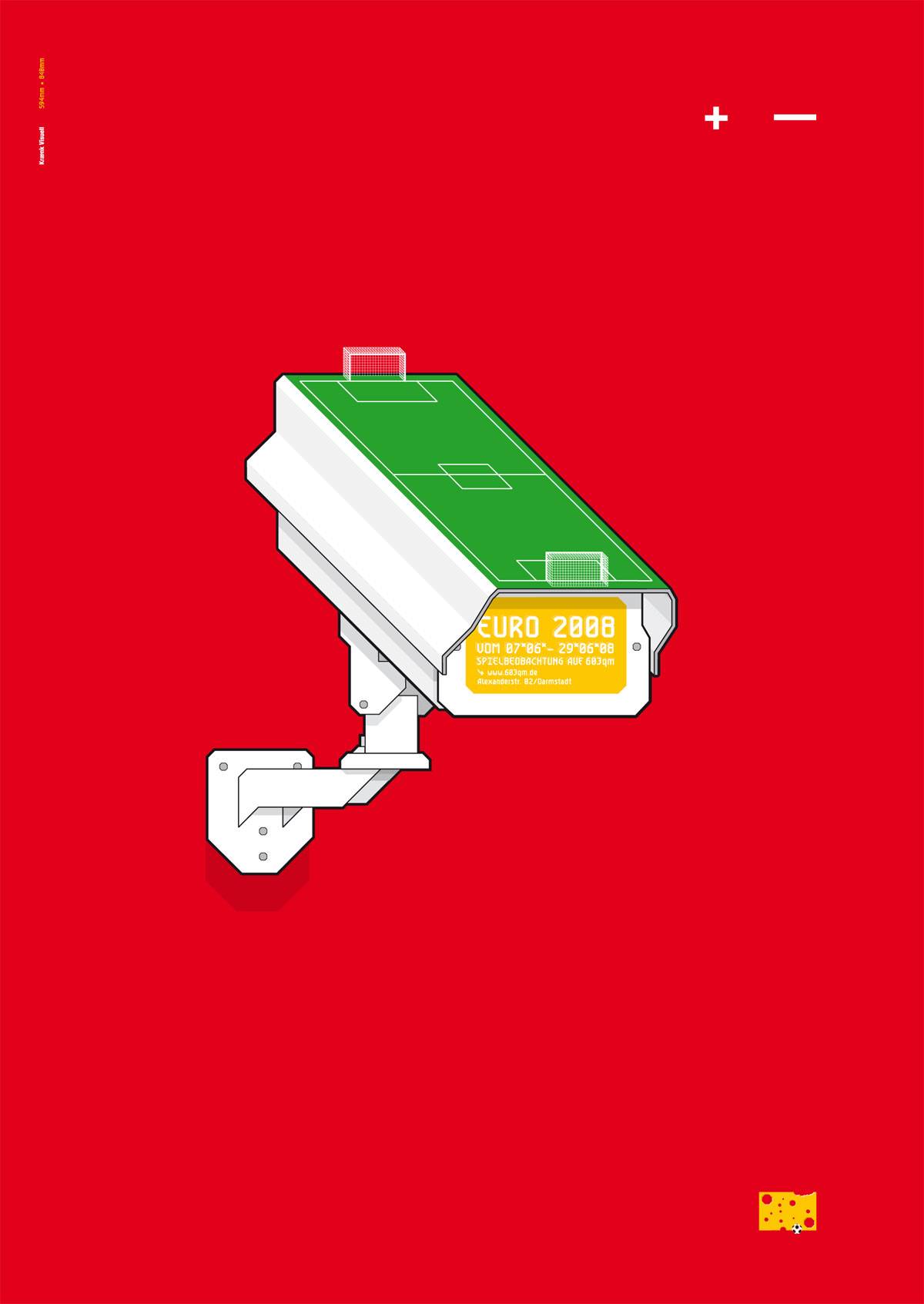 Illustration einer Überwachungskamera, deren Oberseite wie ein Fußballfeld gestaltet ist, vor rotem Hintergrund.
