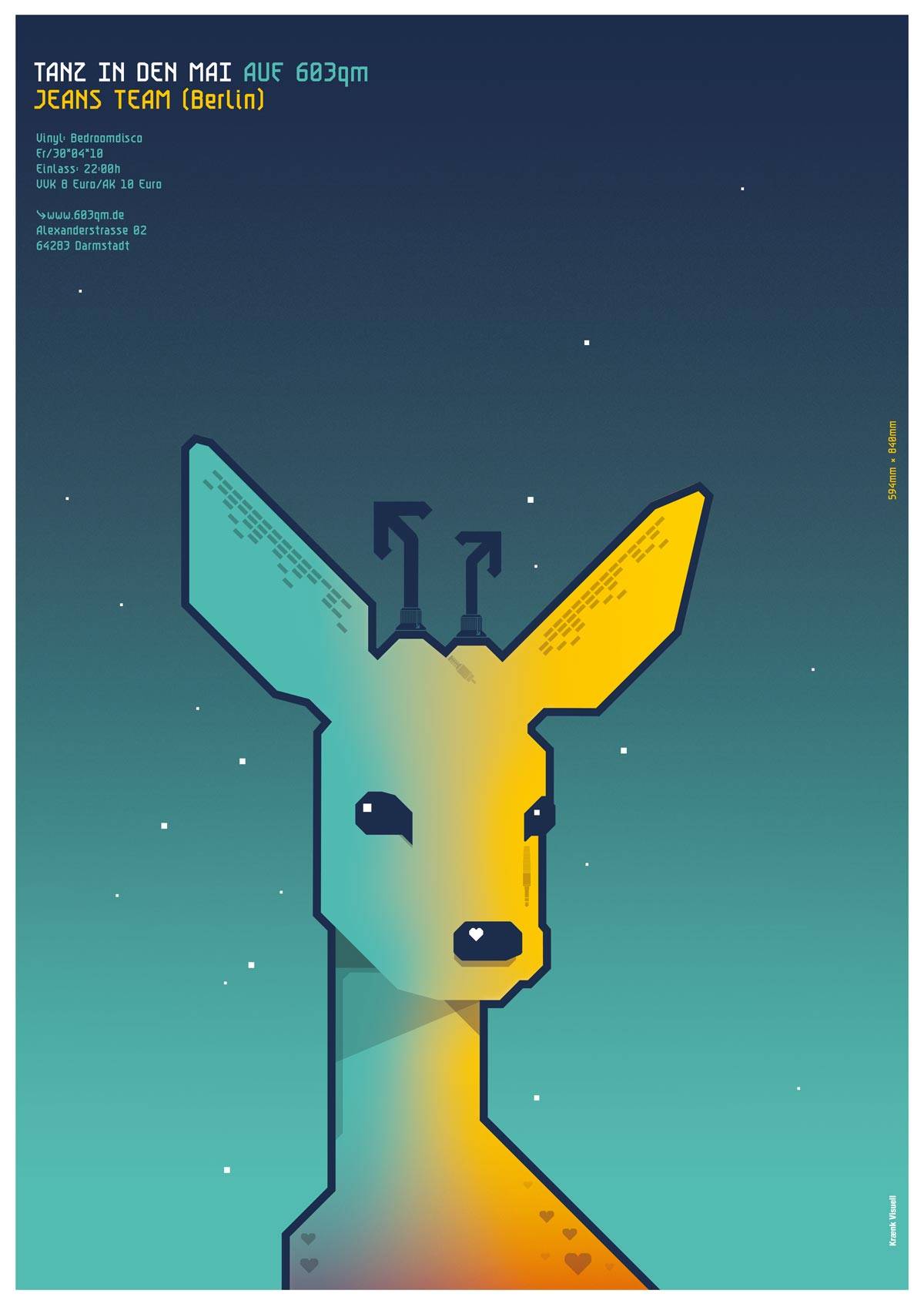 Grafisches Poster mit stilisiertem Reh in Gelb und Blau vor dunkelblauem Nachthimmel; oben Text zu einer Party: "Tanz in den Mai", Veranstaltung am 30.04. im 603qm in Darmstadt.