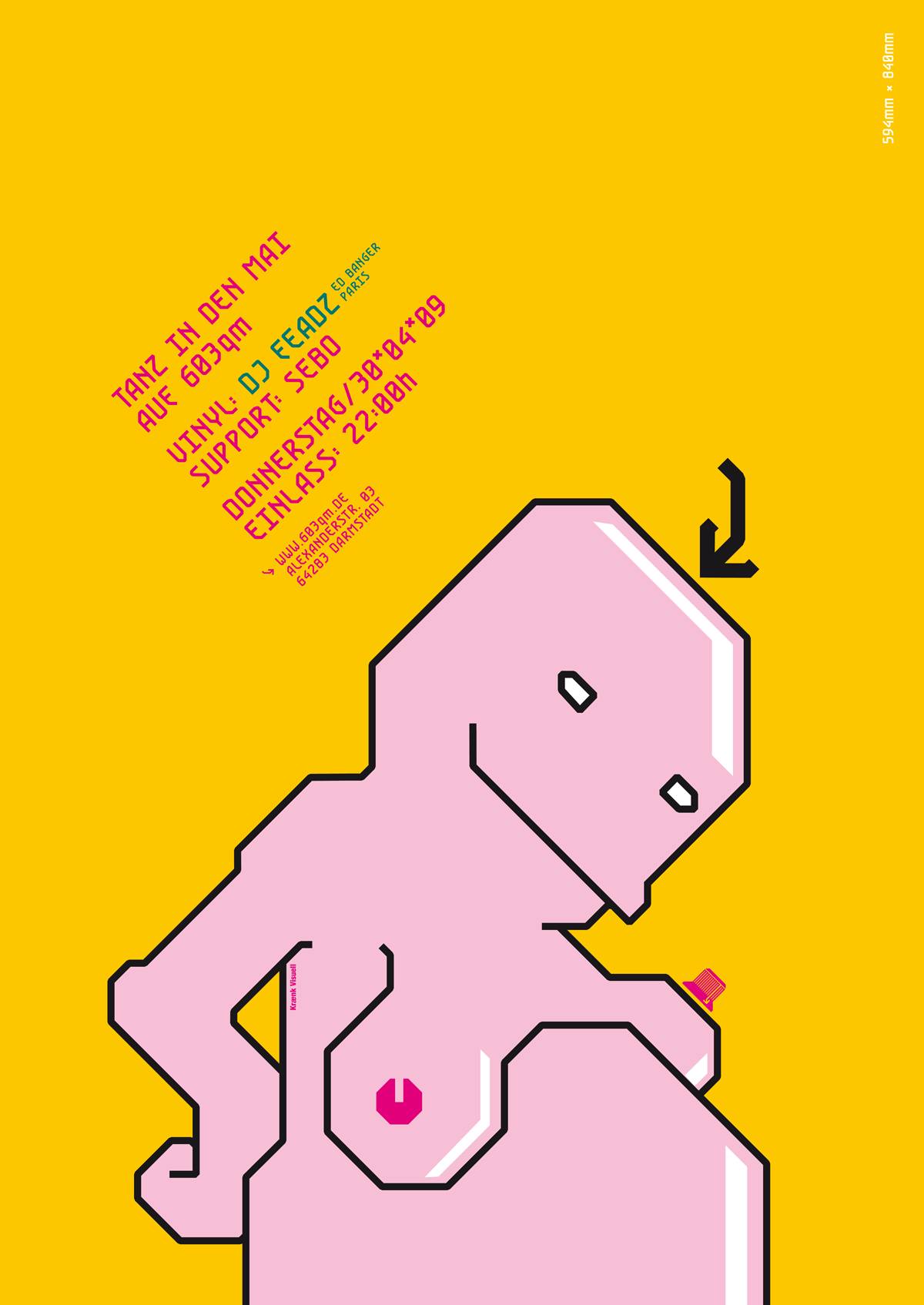 Grafisches Poster auf gelbem Hintergrund mit einer stilisierten, pinken, eckigen Figur im Vordergrund und schräg gesetztem Veranstaltungstext („Tanz in den Mai“) in bunten Farben oben links.