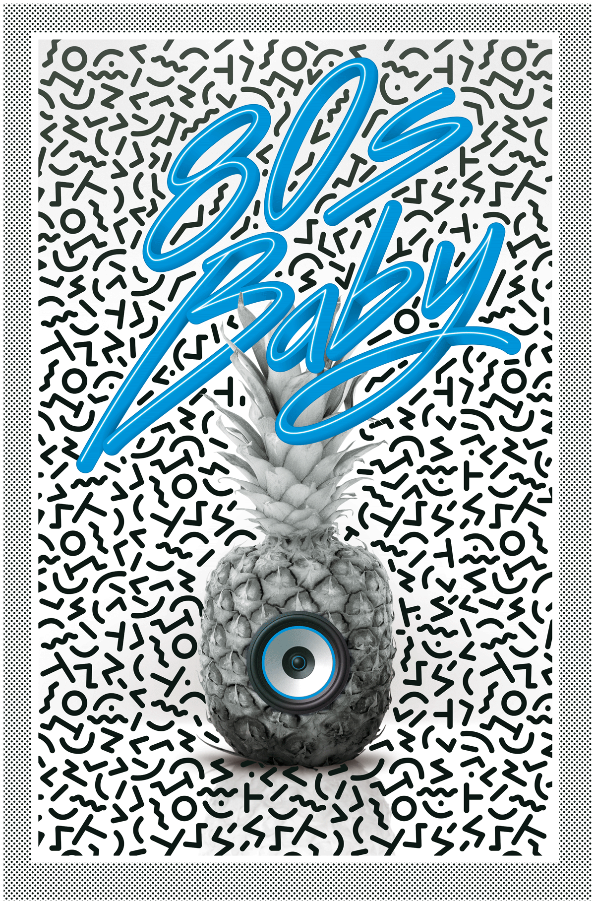 Schwarz-weiße Ananas mit Lautsprecher in der Mitte, umgeben von abstraktem Muster; darüber steht in blauer Schrift "80s Baby".