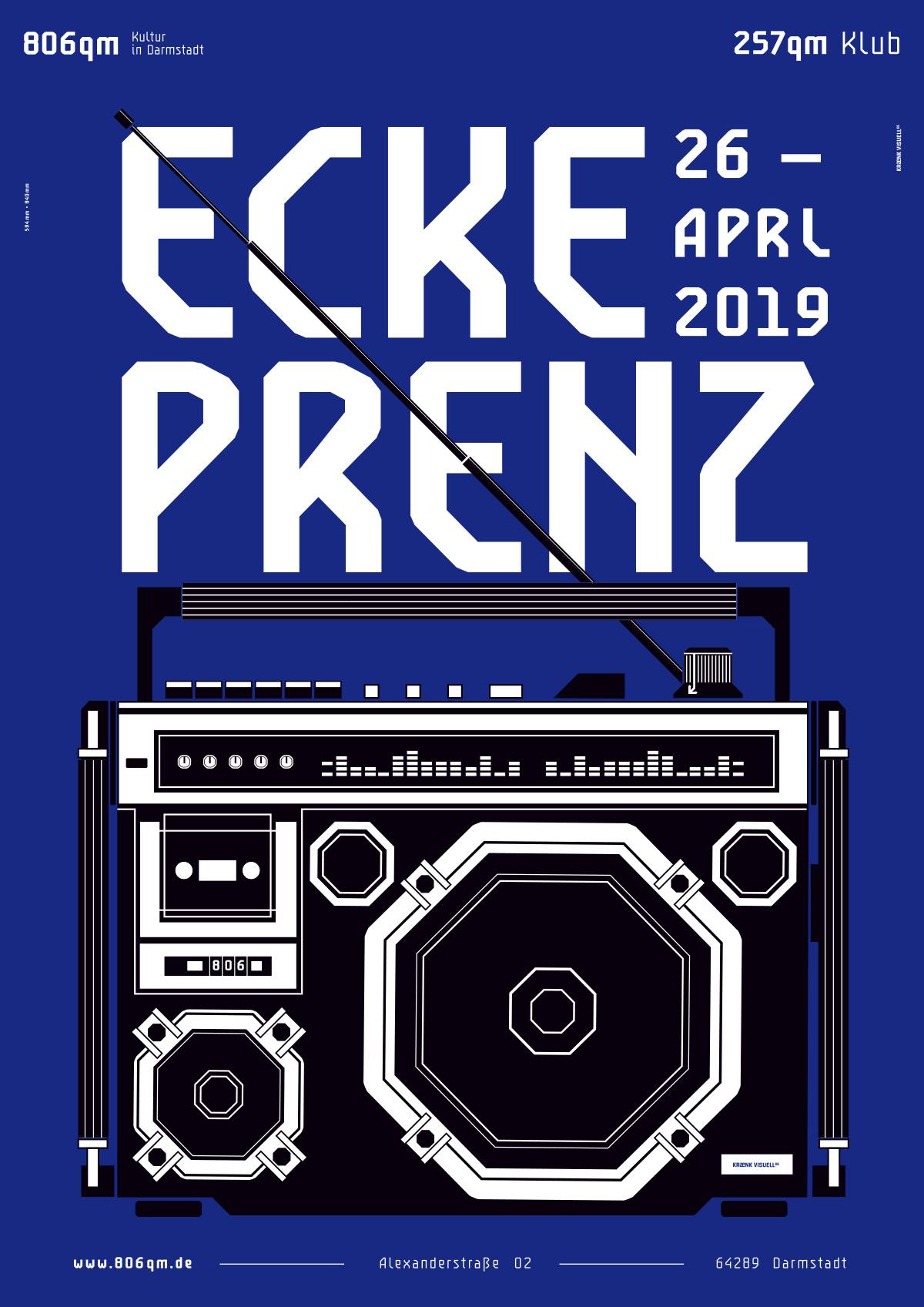 Blaues Poster mit stilisierter Boombox, großem weißen Text "Ecke Prenz", Datum 26. April 2019 und Veranstaltungsinformationen in Darmstadt.