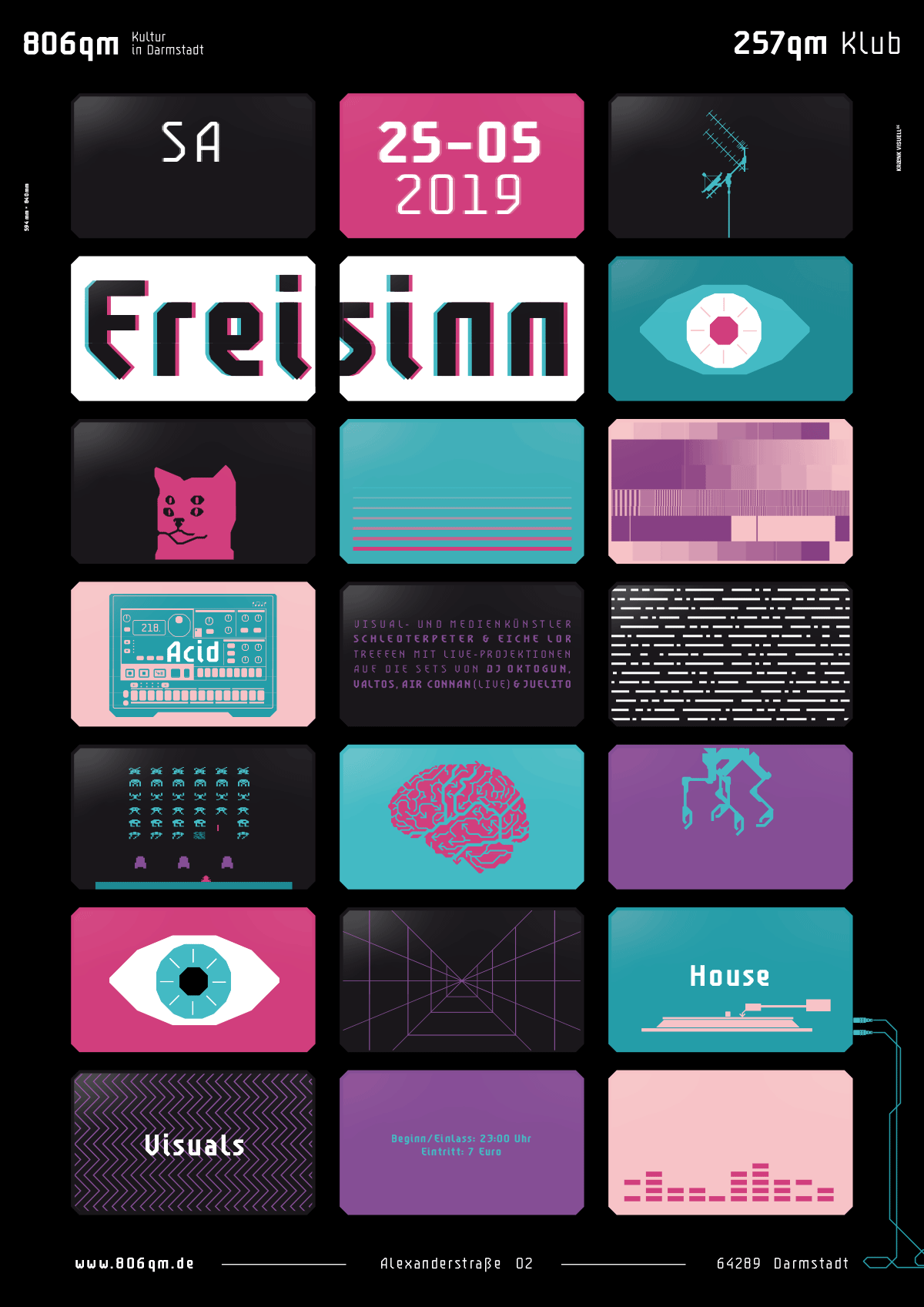 Buntes Veranstaltungsplakat mit grafischen Elementen wie Katzenkopf, Auge, Gehirn, Acid-Musikgerät, Pixel-Art, geometrischen Mustern und Texten zu einer Party am 25.05.2019 im 806qm Darmstadt.