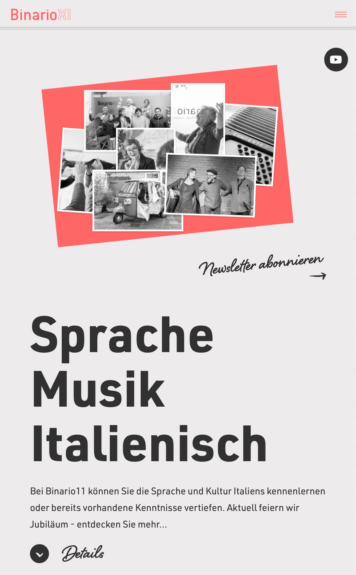 Startseite von Binario11 mit Collage aus Schwarz-Weiß-Fotos von Menschen, einem Akkordeon und einer Vespa auf rotem Hintergrund; darunter große Schrift: „Sprache Musik Italienisch“.