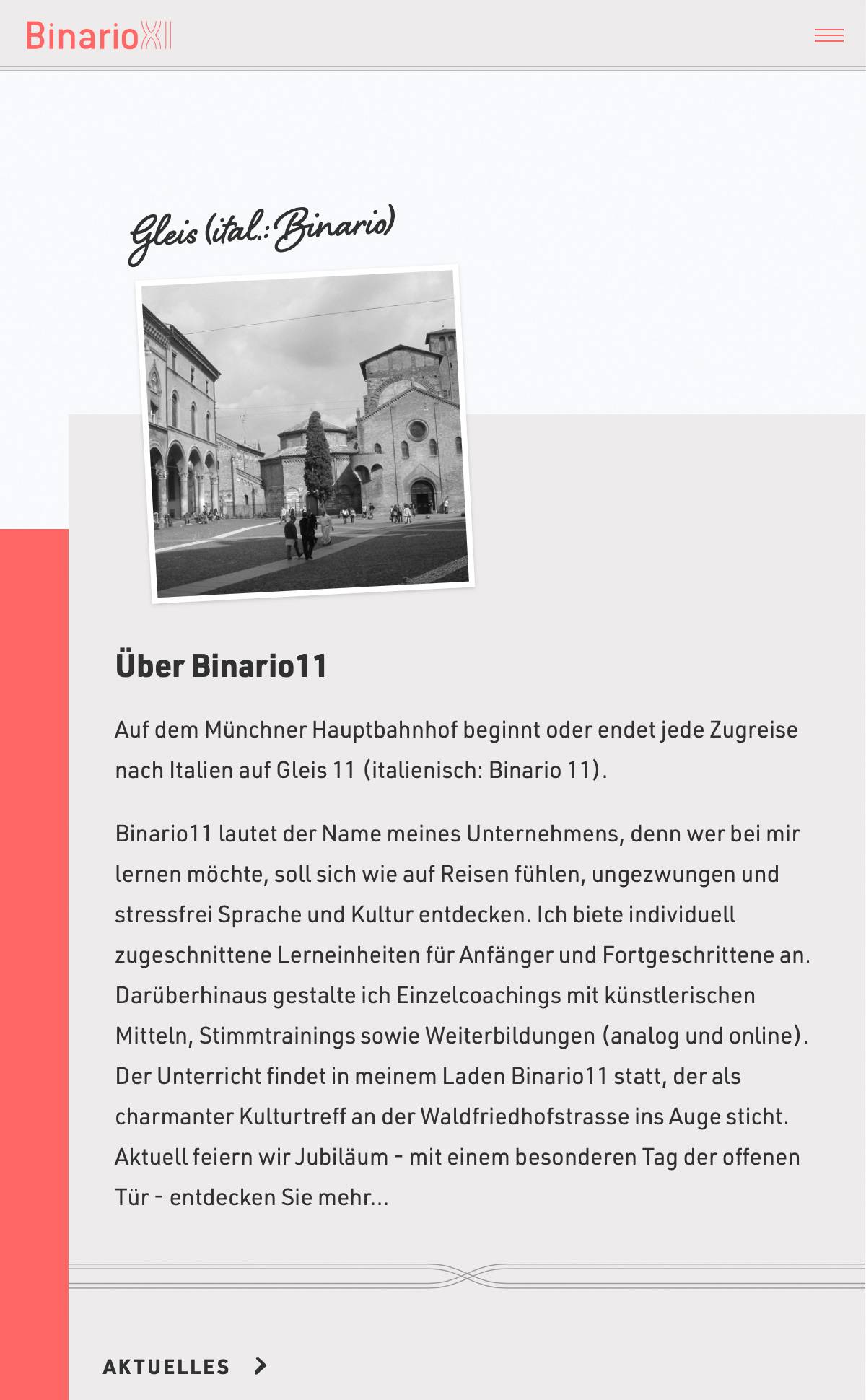 Screenshot einer Webseite mit dem Titel "Binario11", einem Schwarzweißfoto einer italienischen Kirche mit Menschen davor und einem Abschnitt über das Unternehmen Binario11, das Sprach- und Kulturkurse anbietet.