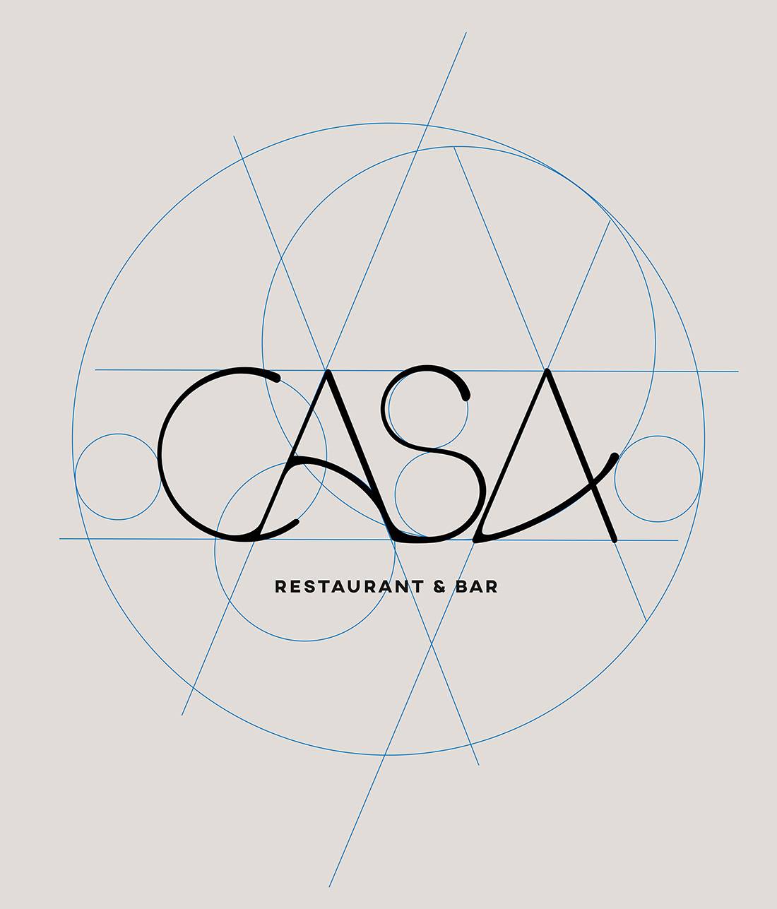 Schriftzug „CASA RESTAURANT & BAR“ in eleganter Typografie, umgeben von geometrischen Linien und Kreisen auf hellem Hintergrund.