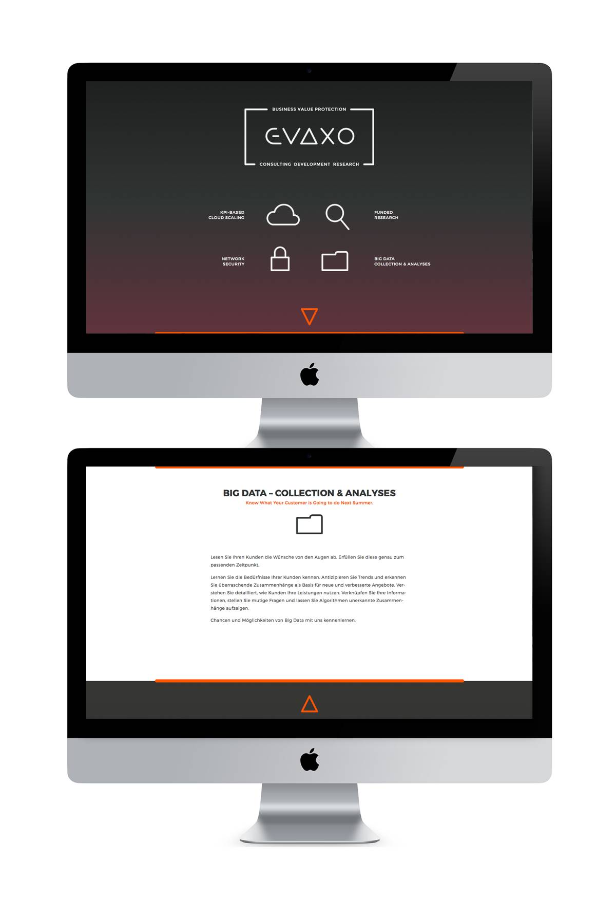 Zwei iMac-Bildschirme mit einer Website: oben eine Startseite mit dem Logo „EVAXO“, Icons und Schlagwörtern zu Cloud, Forschung, Sicherheit und Big Data; unten eine Unterseite mit dem Titel „Big Data – Collection & Analyses“ und erklärendem Text.