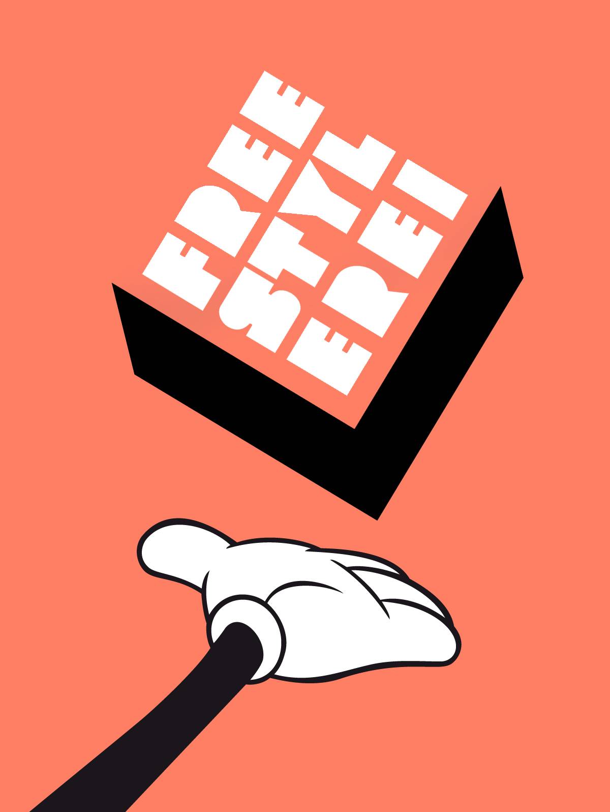 Illustration einer weißen Comic-Hand, die einen schwarzen Würfel mit der weißen Aufschrift "FREESTYLEREI" auf orangem Hintergrund balanciert.