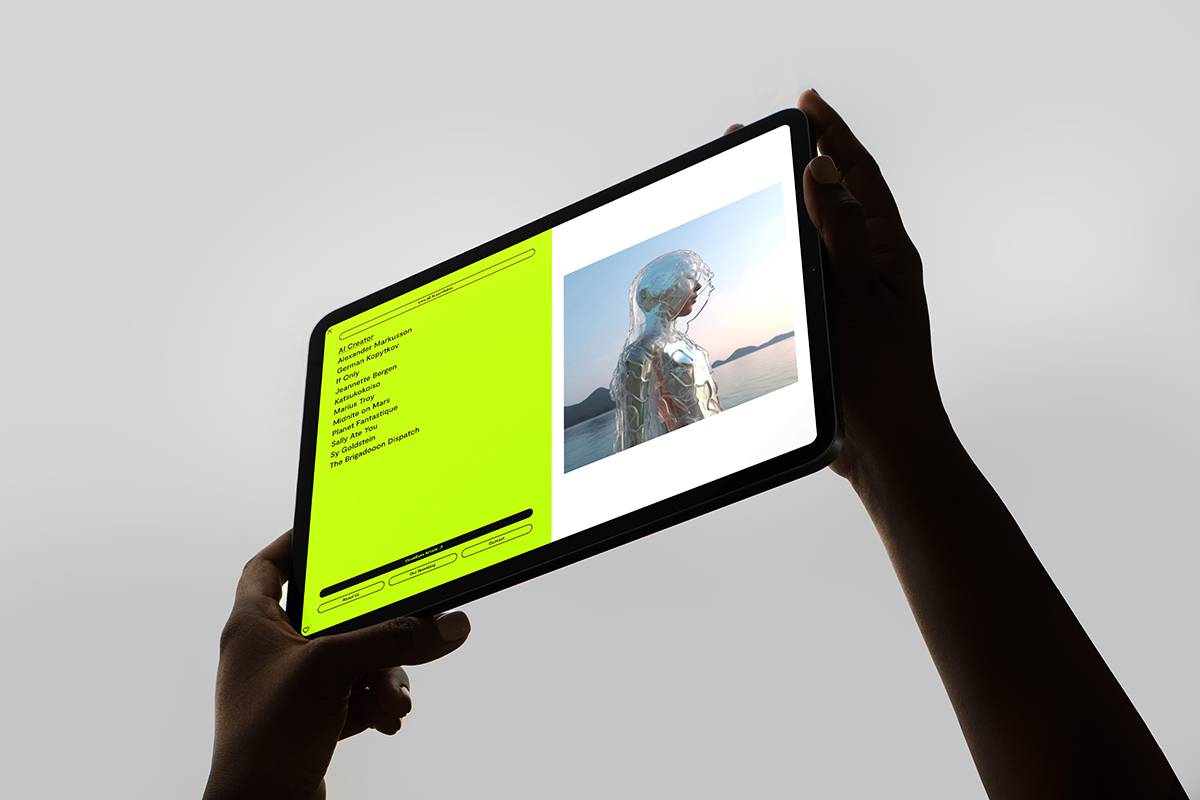 Zwei Hände halten ein Tablet, auf dessen Bildschirm links eine gelbe Liste mit Text und rechts ein digitales Kunstwerk einer transparenten Figur am Wasser zu sehen ist.