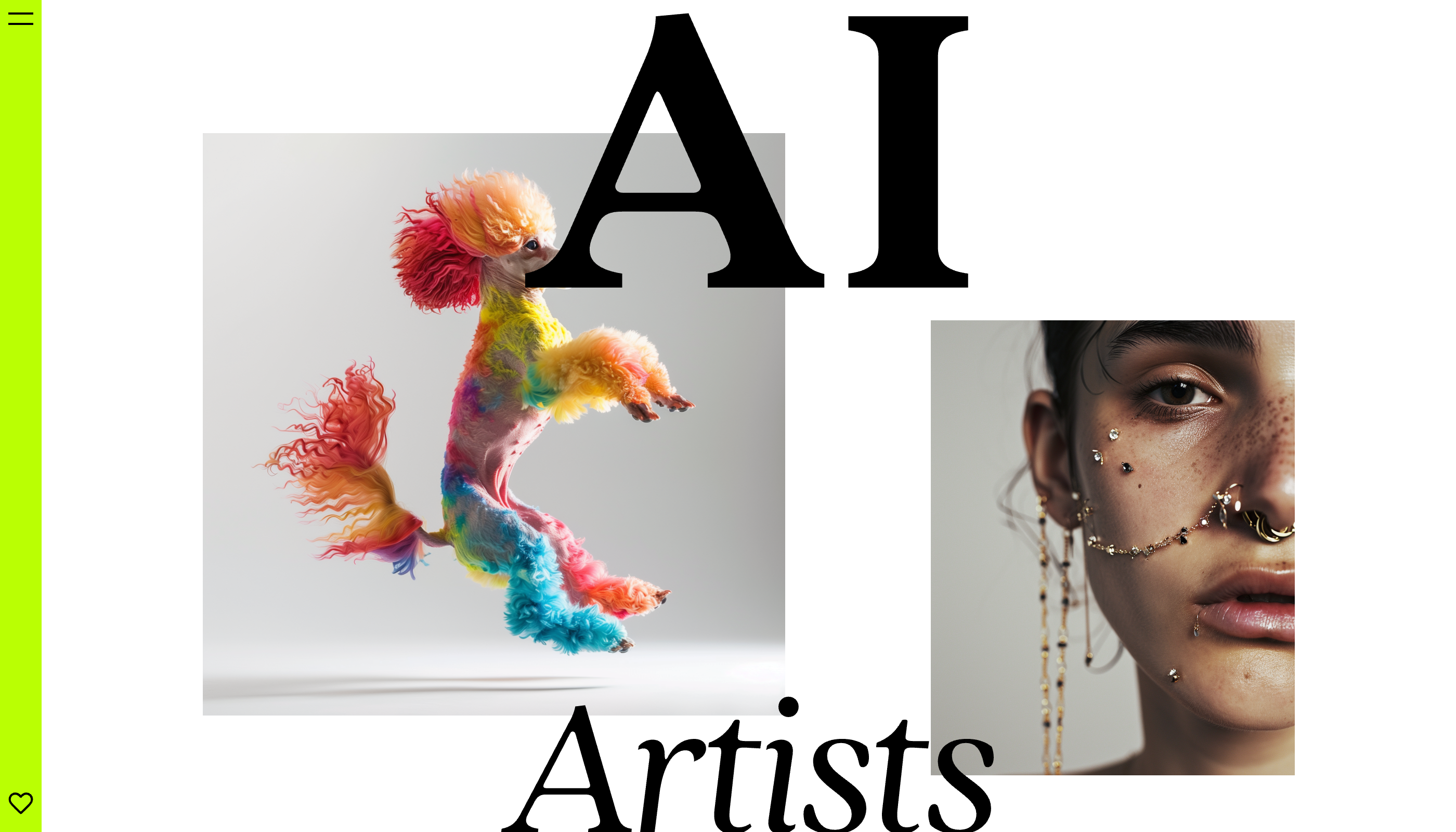 Zwei Bilder: links ein springender Pudel mit buntem Fell, rechts ein Gesicht mit Schmuck und Piercings; darüber große schwarze Schrift „AI Artists“.