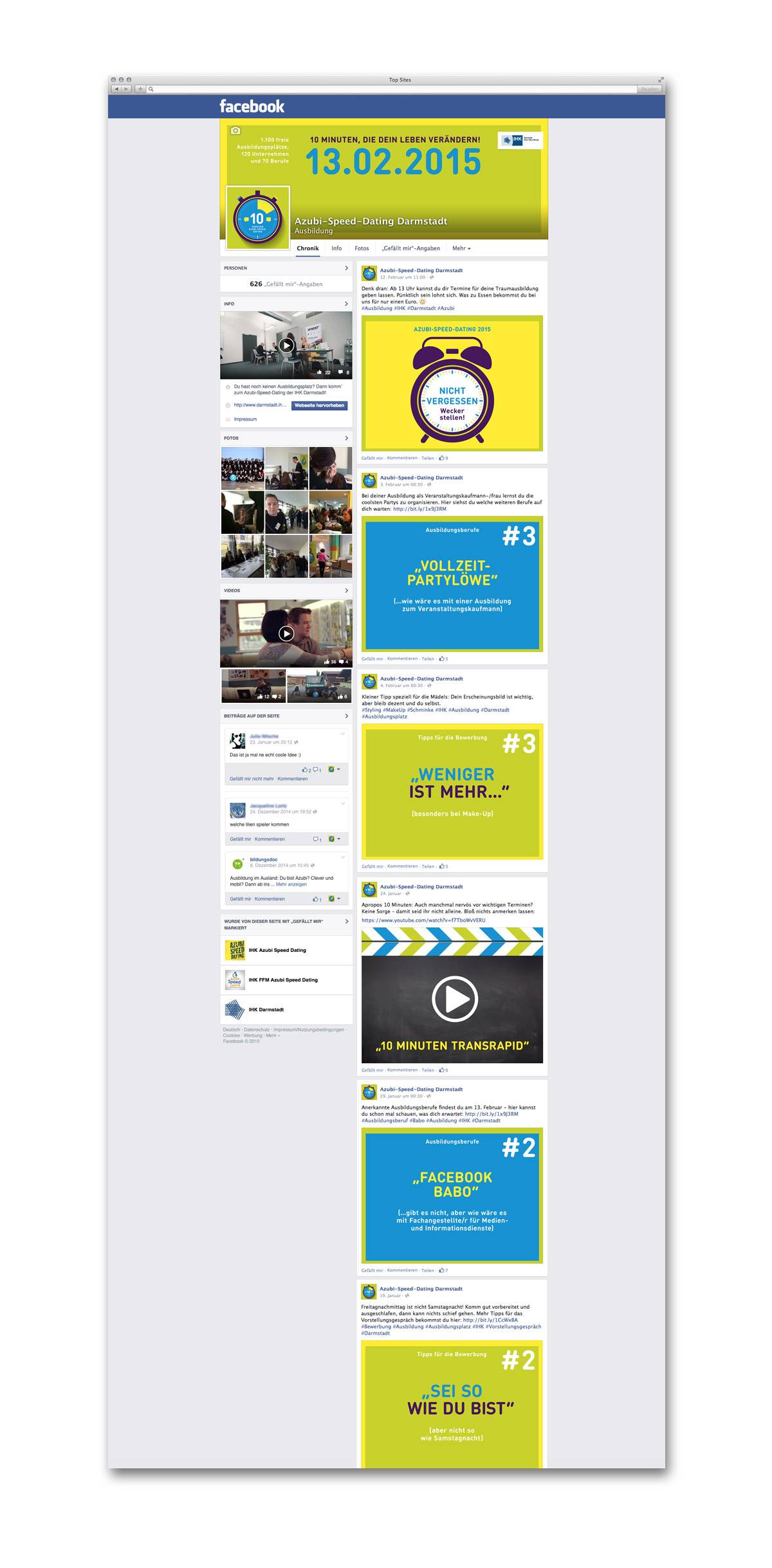 Screenshot einer Facebook-Seite zum Azubi-Speed-Dating Darmstadt mit bunten Grafiken, Veranstaltungshinweisen und Bewerbungstipps.