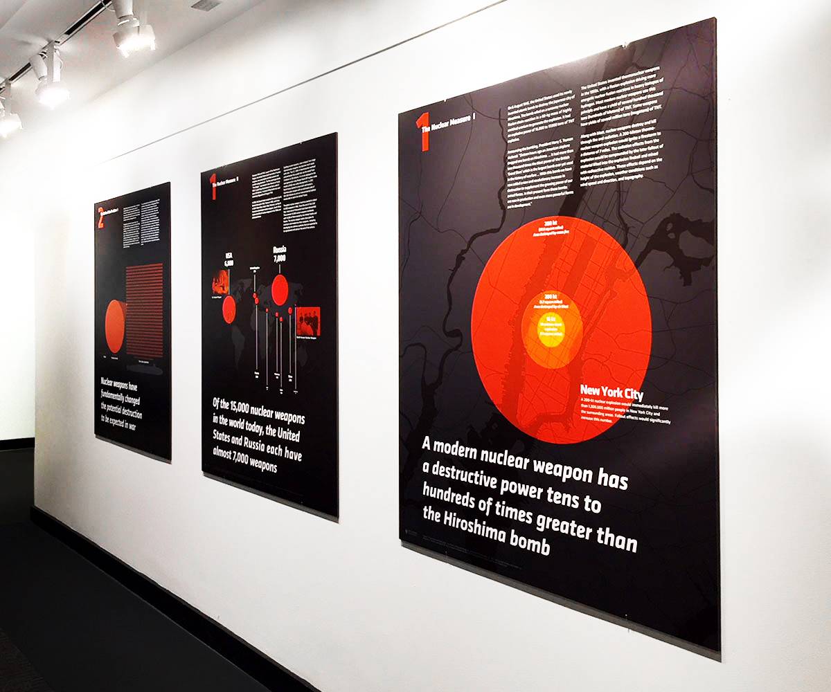 Drei Wandtafeln in einer Ausstellung zeigen Infografiken und englische Texte über die Zerstörungskraft moderner Atomwaffen, darunter eine Karte von New York City mit einem roten Explosionsradius.
