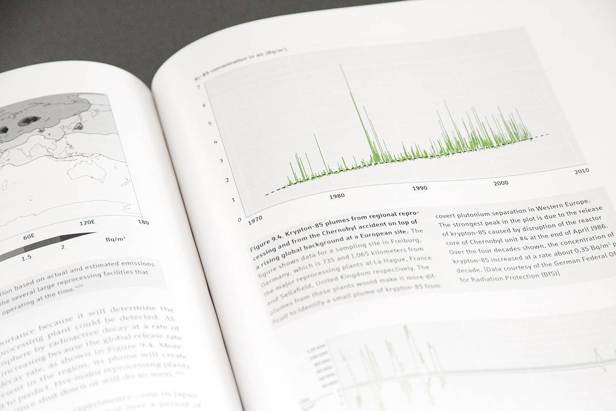 Aufgeschlagenes Buch mit einer Karte links und einem Liniendiagramm rechts, das Krypton-85-Konzentrationen von 1970 bis 2010 zeigt, begleitet von erklärendem Text.