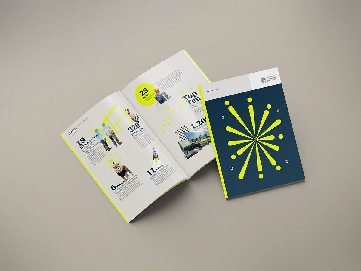 Ein aufgeschlagenes Magazin mit Infografiken und Zahlen auf der linken Seite, daneben das Cover mit modernem, gelbem grafischen Muster und der Aufschrift „2022“.