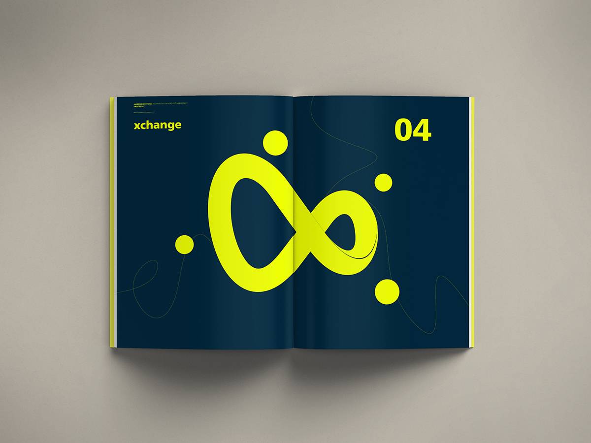 Aufgeschlagenes Magazin mit dunkelblauem Hintergrund, großem gelbem Unendlichkeitszeichen, Kreisen und den gelben Texten „xchange“ und „04“.