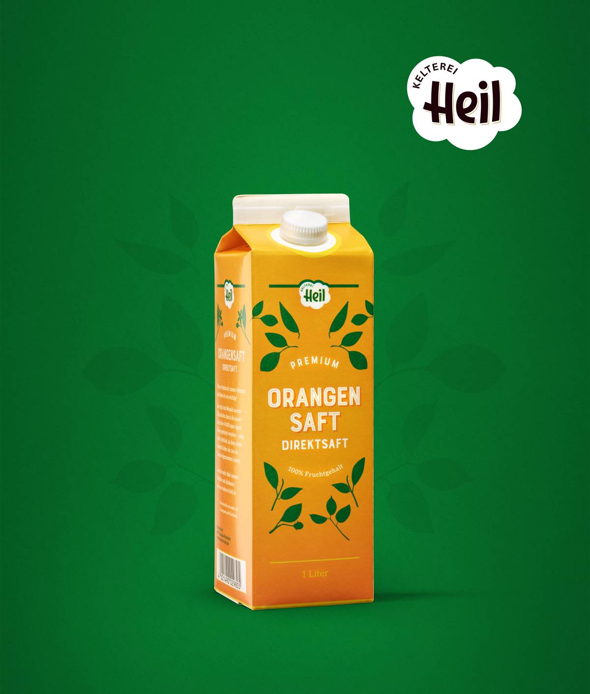 Orangensaft-Packung der Marke „Heil“ auf grünem Hintergrund.
