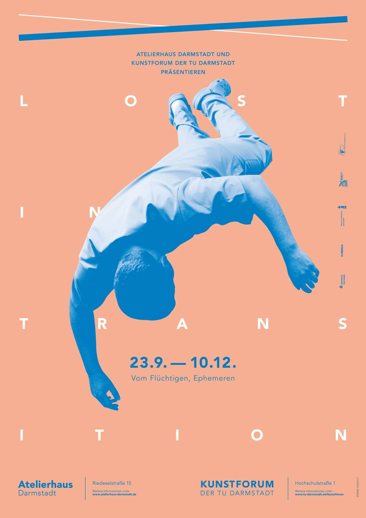 Grafik mit einer blau eingefärbten, kopfüber schwebenden Person auf pfirsichfarbenem Hintergrund, darüber verteilt der Text "Lost in Transition" und Veranstaltungsinformationen.