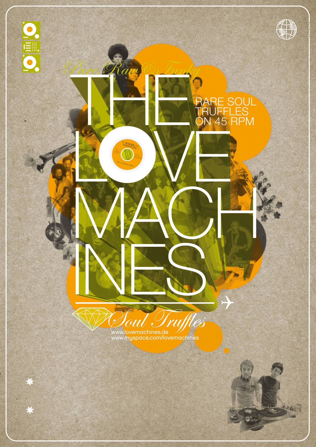 Plakat mit großem Text "THE LOVE MACHINES" über orangenen Kreisen, Hintergrund mit Fotos von Soulmusikern und DJs, Hinweis auf "Rare Soul Truffles on 45 RPM", unten rechts zwei DJs an Plattenspielern.
