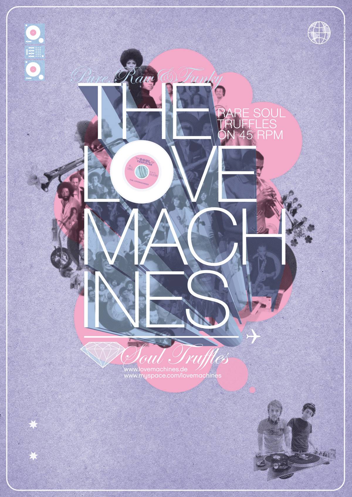 Poster im Retro-Stil mit lila Hintergrund, großem Text "THE LOVE MACHINES", Schallplatte in der Mitte, Fotos von Soul-Musikern im Hintergrund, Schriftzügen wie "Rare Soul Truffles on 45 RPM" und zwei DJs an einem Plattenspieler unten rechts.
