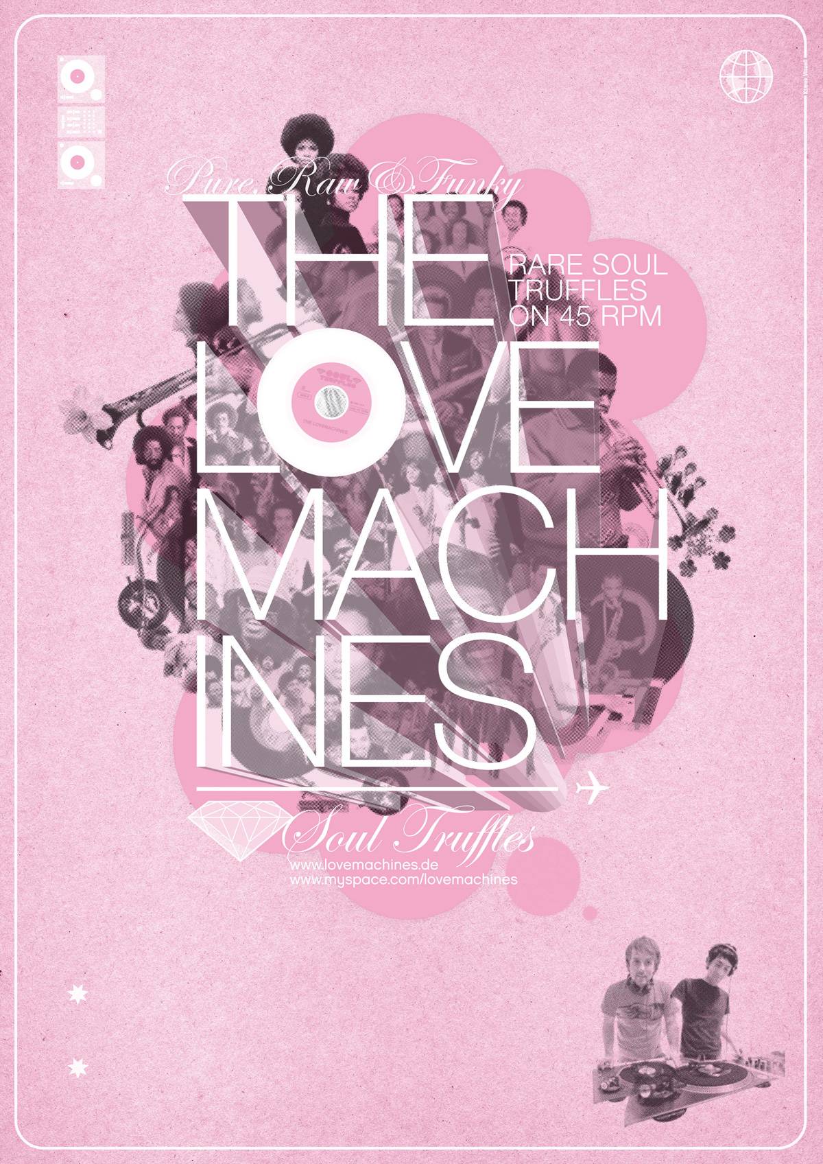 Rosafarbenes Poster mit Collage aus Soul- und Funk-Musiker:innen, großem Text „THE LOVE MACHINES“, Schallplatte, Diamantgrafik und zwei DJs an Plattenspielern; weitere Texte wie „Rare Soul Truffles on 45 RPM“ und Webseiten-Links.