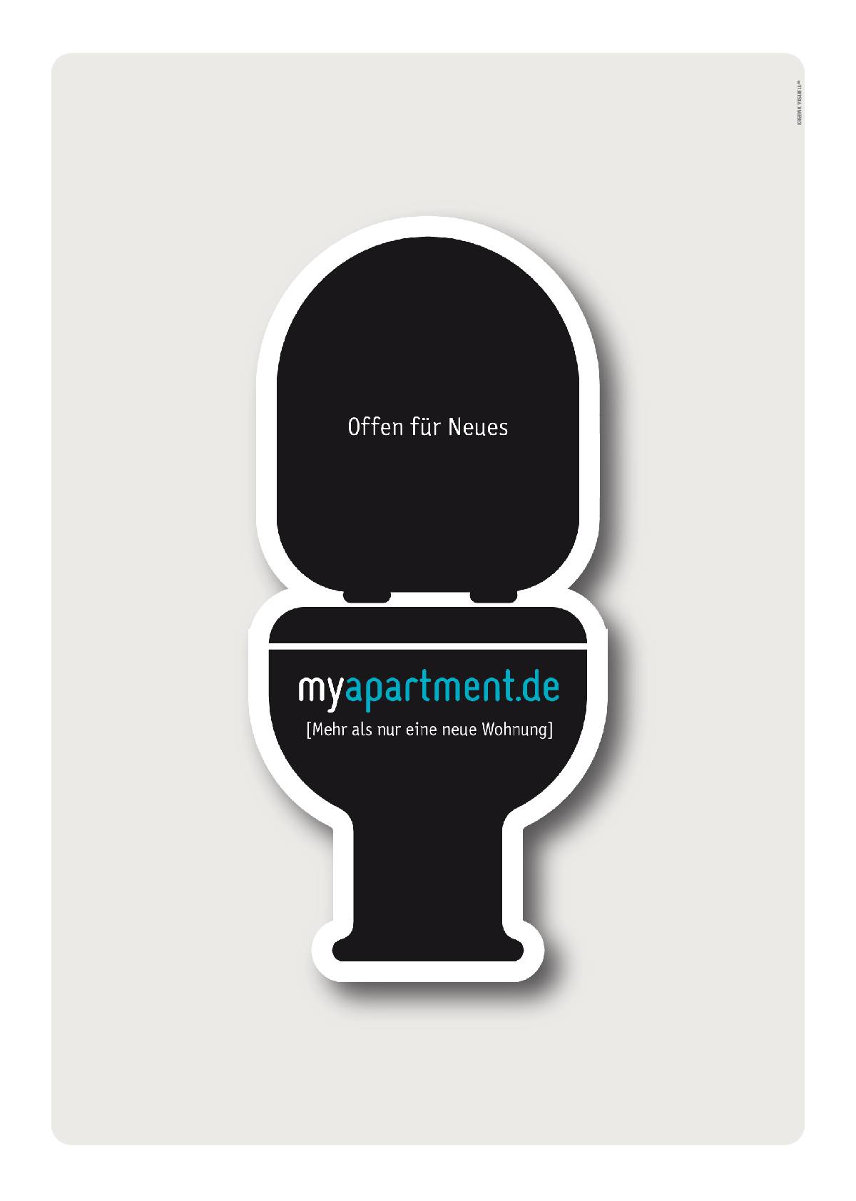 Grafik einer Toilette mit dem Text „Offen für Neues“ auf dem Deckel und „myapartment.de [Mehr als nur eine neue Wohnung]“ auf der Schüssel.