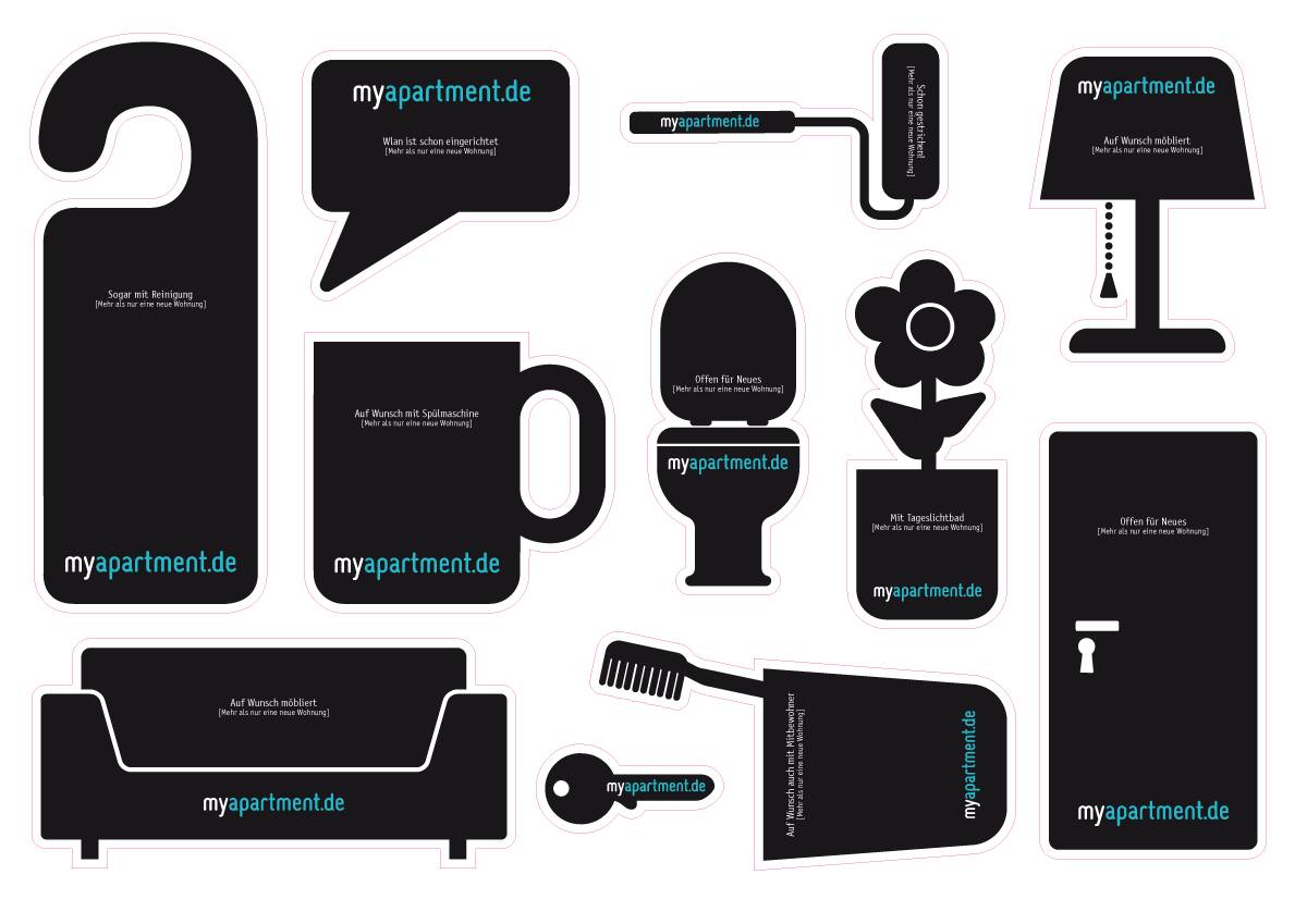 Verschiedene schwarze Icons, die alltägliche Wohnungsgegenstände wie Sofa, Tasse, Blume, Tür, Toilettenschüssel, Lampe, Pinsel, Kamm, Schlüssel und Türschild darstellen, jeweils mit dem Logo „myapartment.de“ und kurzen Werbeslogans.