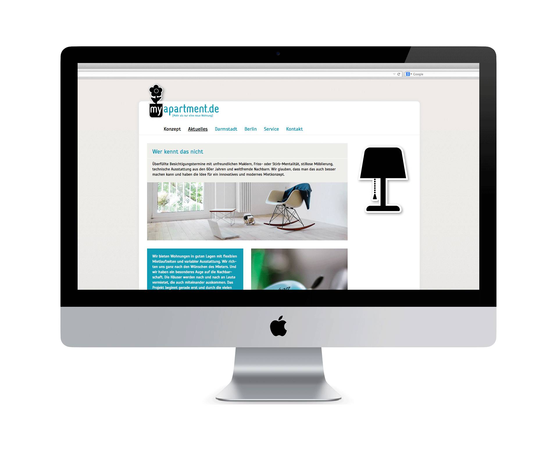 Ein iMac zeigt die Webseite "myapartment.de" mit Menü, Text, Wohnungsfoto und einer stilisierten Lampengrafik.
