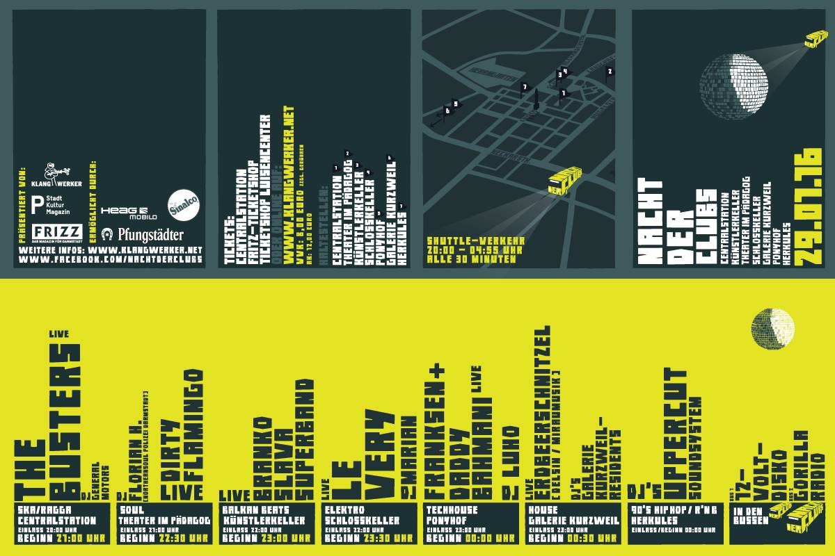Plakat zur "Nacht der Clubs" am 29.07.16 in Darmstadt mit Übersicht der teilnehmenden Clubs, Künstler und Shuttle-Bus-Route; gelb-schwarzes Design mit stilisierter Disco-Kugel und Stadtplan.
