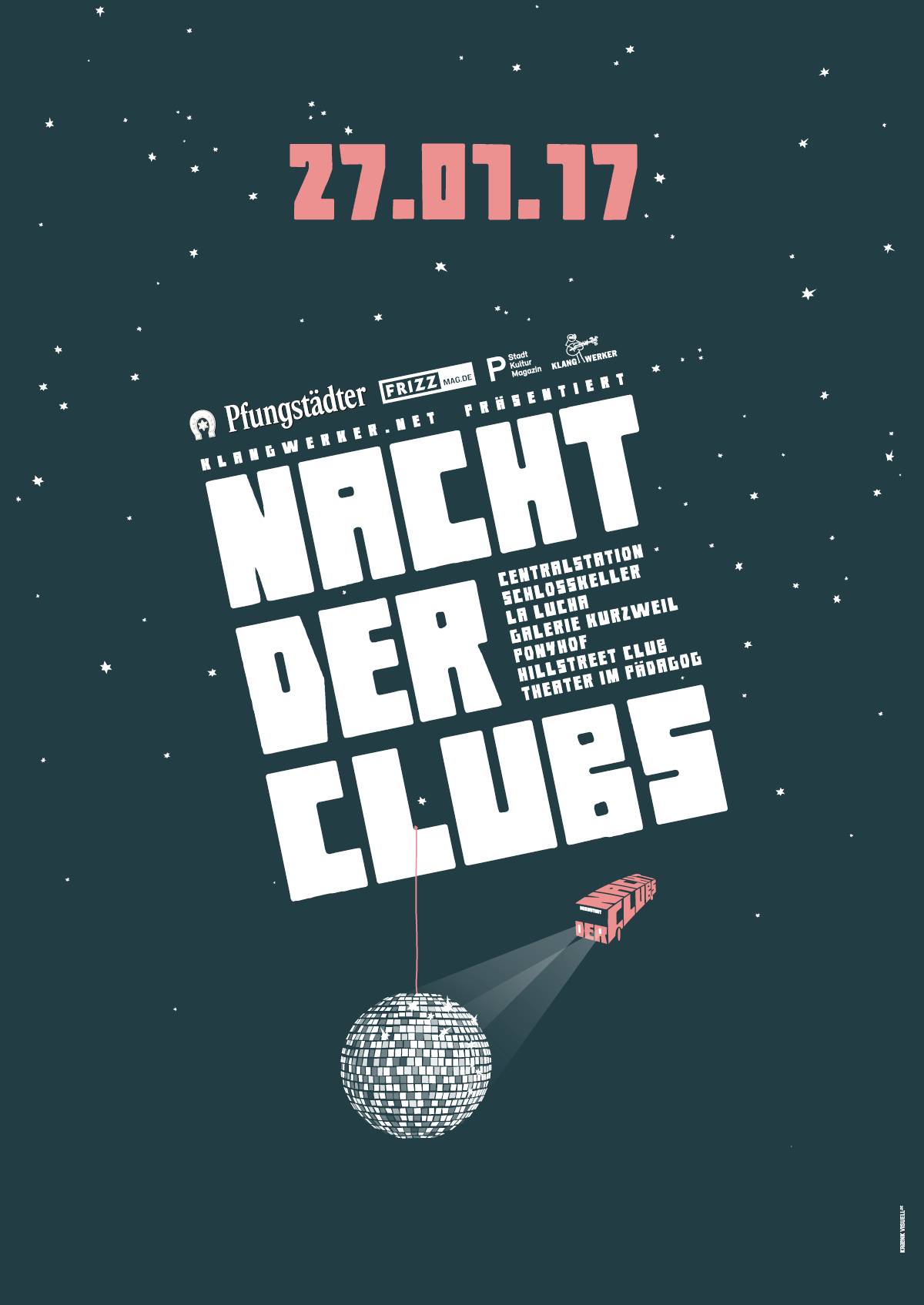 Plakat mit großem Schriftzug „Nacht der Clubs“ vor Sternenhimmel, Datum „27.01.17“ oben, unten eine Discokugel mit Lichtstrahl.