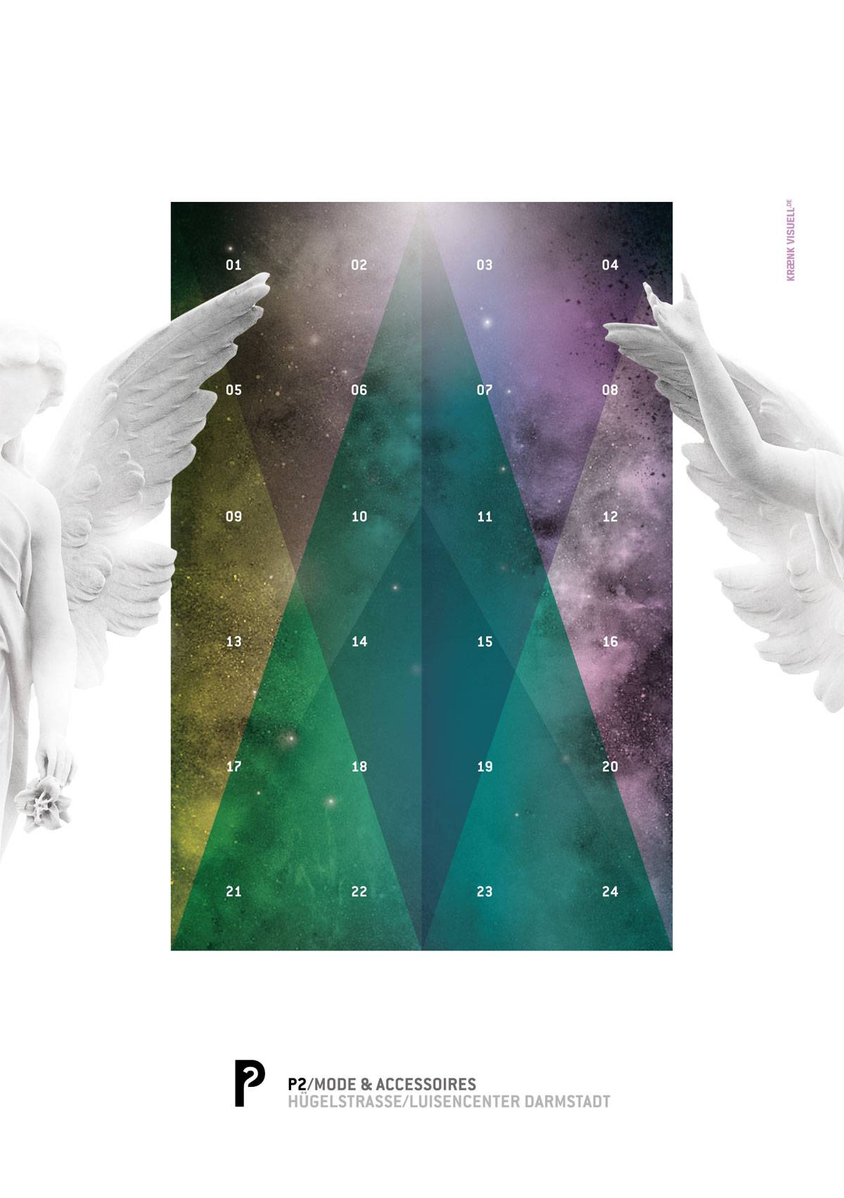 Bunter Adventskalender mit nummerierten Türchen von 1 bis 24 in geometrischen Formen vor galaktischem Hintergrund, links und rechts daneben je eine weiße Engelsstatue; unten Werbetext für P2/Mode & Accessoires in Darmstadt.