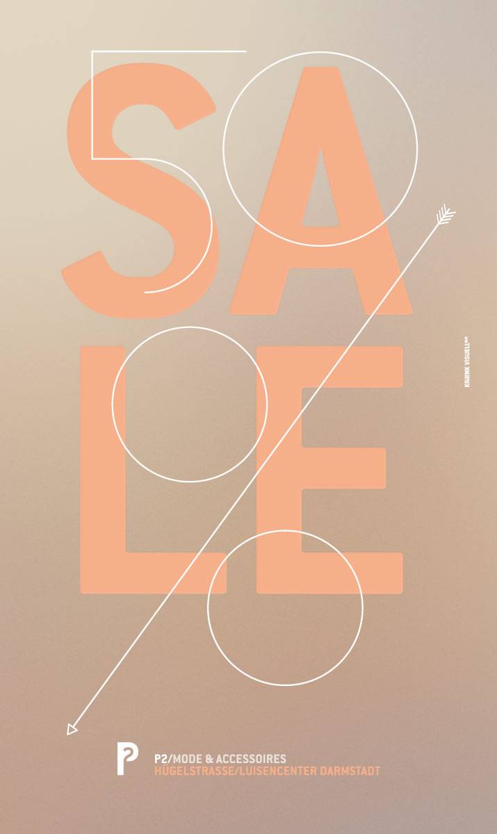 Plakat mit großem, orangefarbenem Schriftzug „SALE“ auf beigem Hintergrund, dazu weiße grafische Linien und Kreise, unten der Hinweis „P2/Mode & Accessoires, Hügelstraße/Luisencenter Darmstadt“.