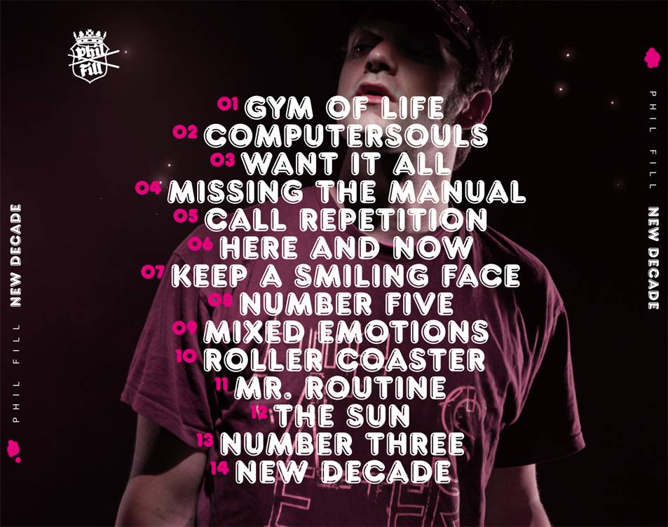 Cover eines Musikalbums mit einer Person im Hintergrund und einer Trackliste aus 14 Titeln in weißer, großer Schrift, darunter „GYM OF LIFE“, „COMPUTERSOULS“ und „NEW DECADE“. Links und rechts steht „PHIL FILL NEW DECADE“.