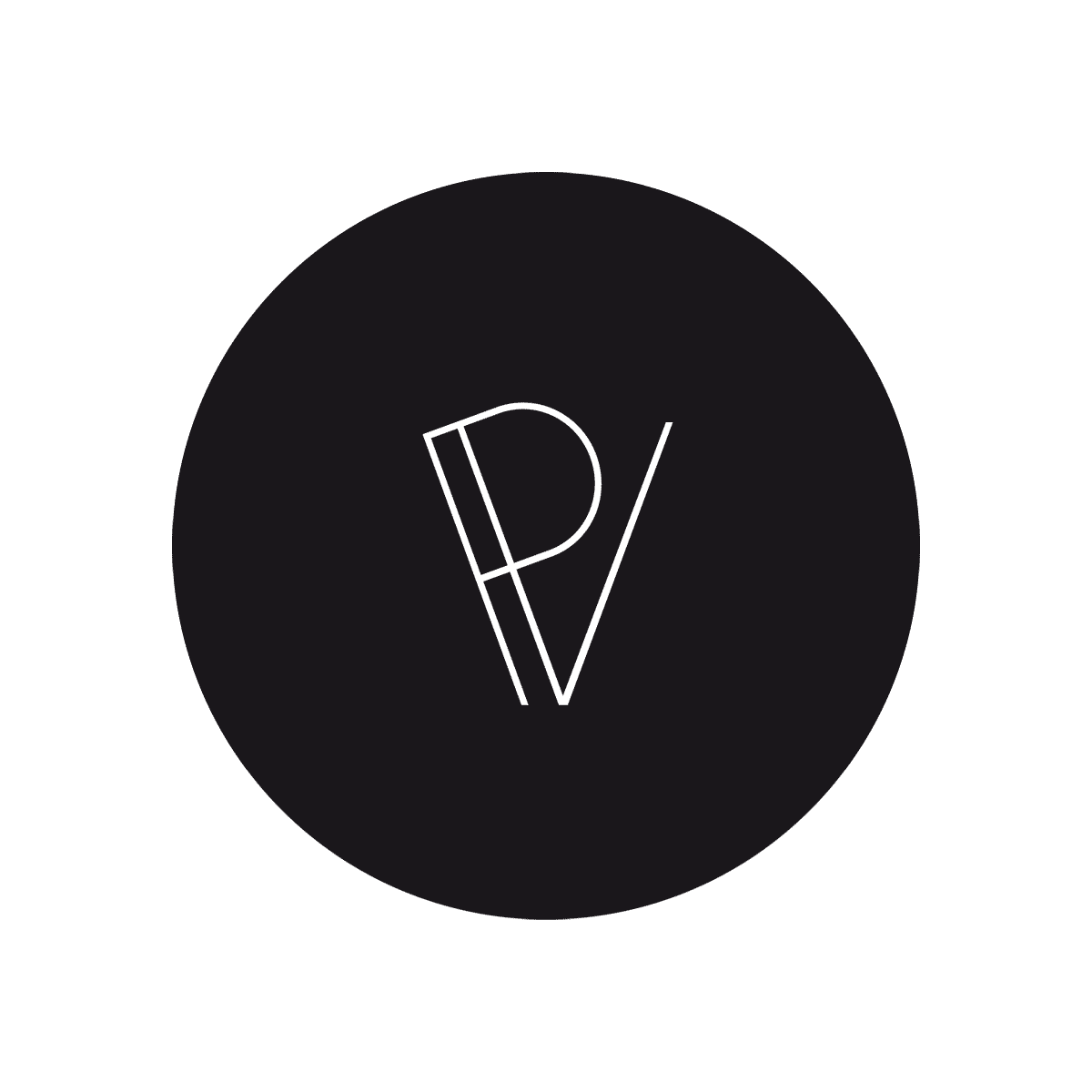 Schwarzer Kreis mit weißen, minimalistischen Linien, die die Buchstaben "P" und "V" bilden.