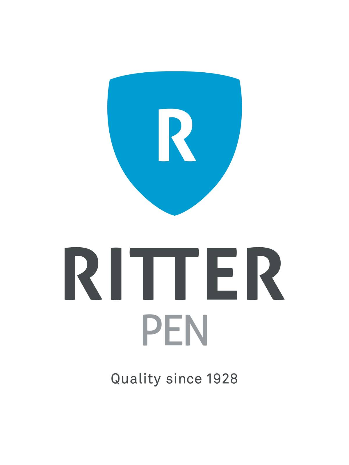 Logo mit blauem Schild und weißem „R“ darin, darunter die Wörter „RITTER PEN“ und „Quality since 1928“.